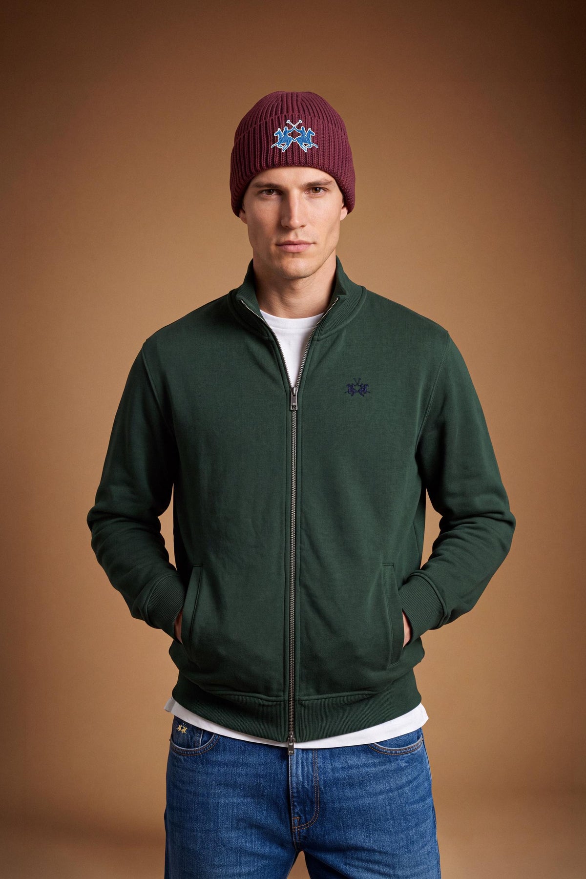 Men's 100% cotton fleece sweatshirt with a high collar, customized zipper, ribbed cuffs and hem, regular fit, and a subtle embroidered logo for comfort and style. - Sycamore