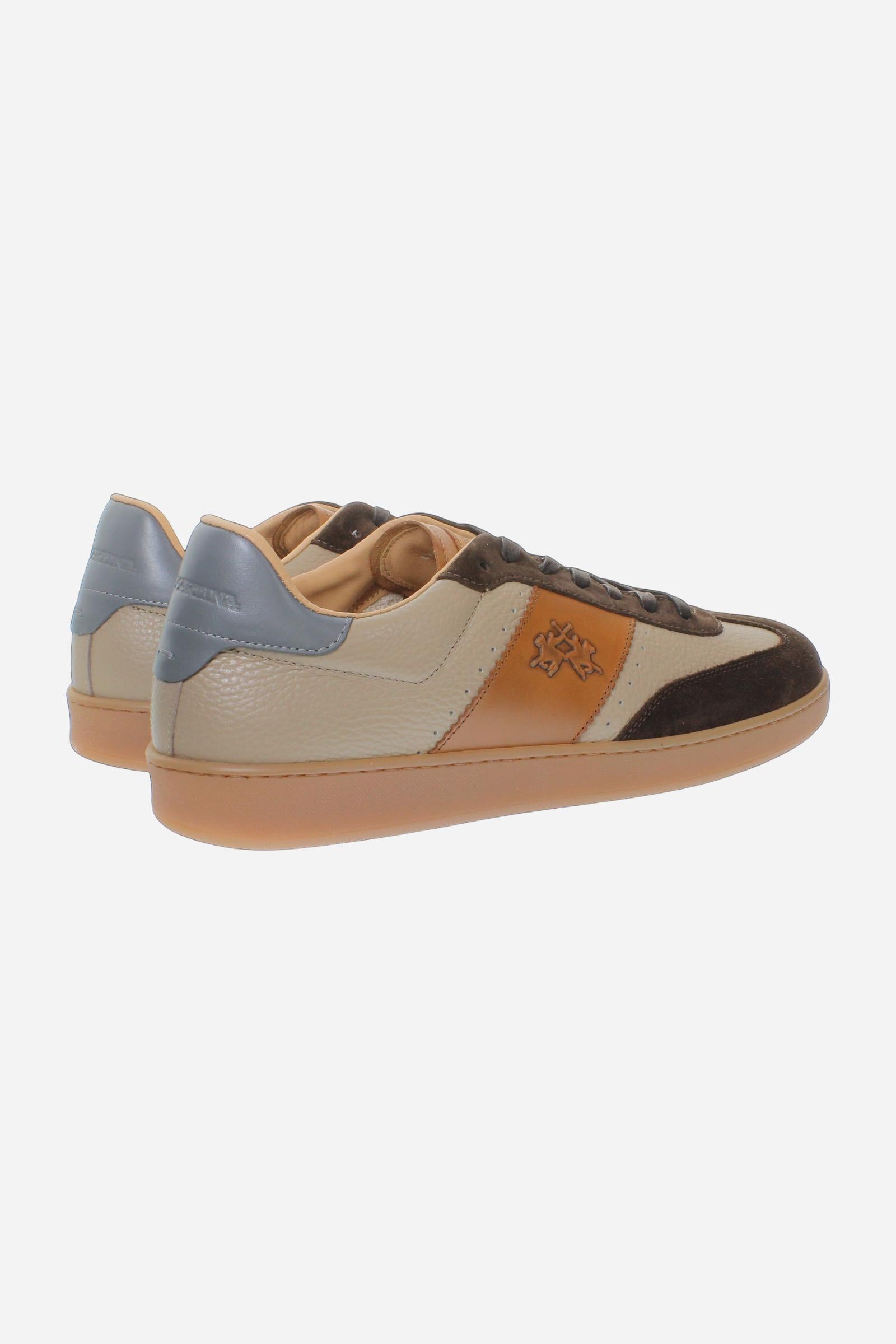 Men's suede and calfskin sneaker with vegetable-tanned leather stripe, handcrafted Cavalli logo, contrasting heel tab, and flat honey rubber sole. Made in Italy. - Summer Sand/Falcon