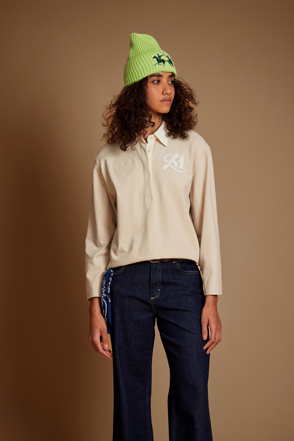 Women's long sleeve cotton jersey polo with LM patch - Edilia