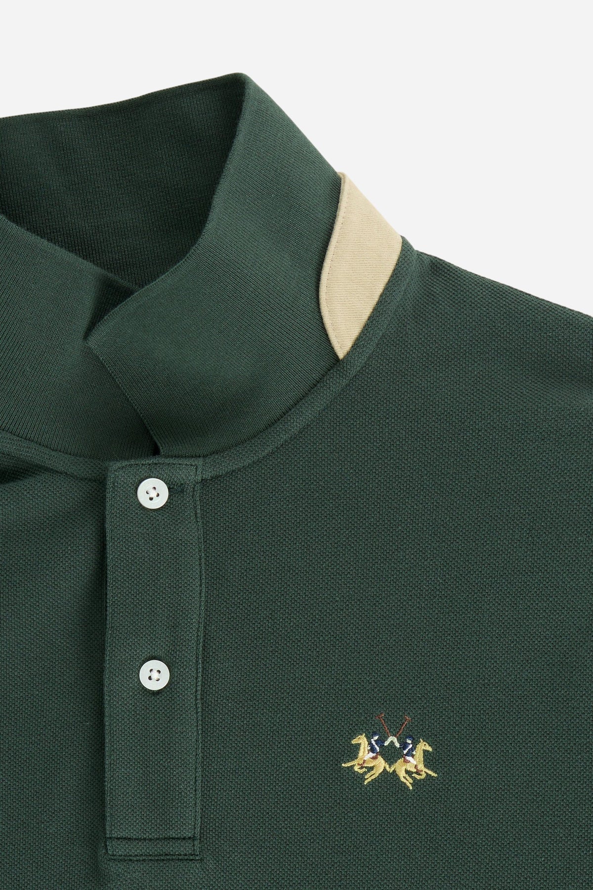 Men’s long-sleeve polo in stretch cotton piqué offers comfort, flexibility, a ribbed collar with contrasting gabardine detail, slim fit, and embroidered logo - Sycamore