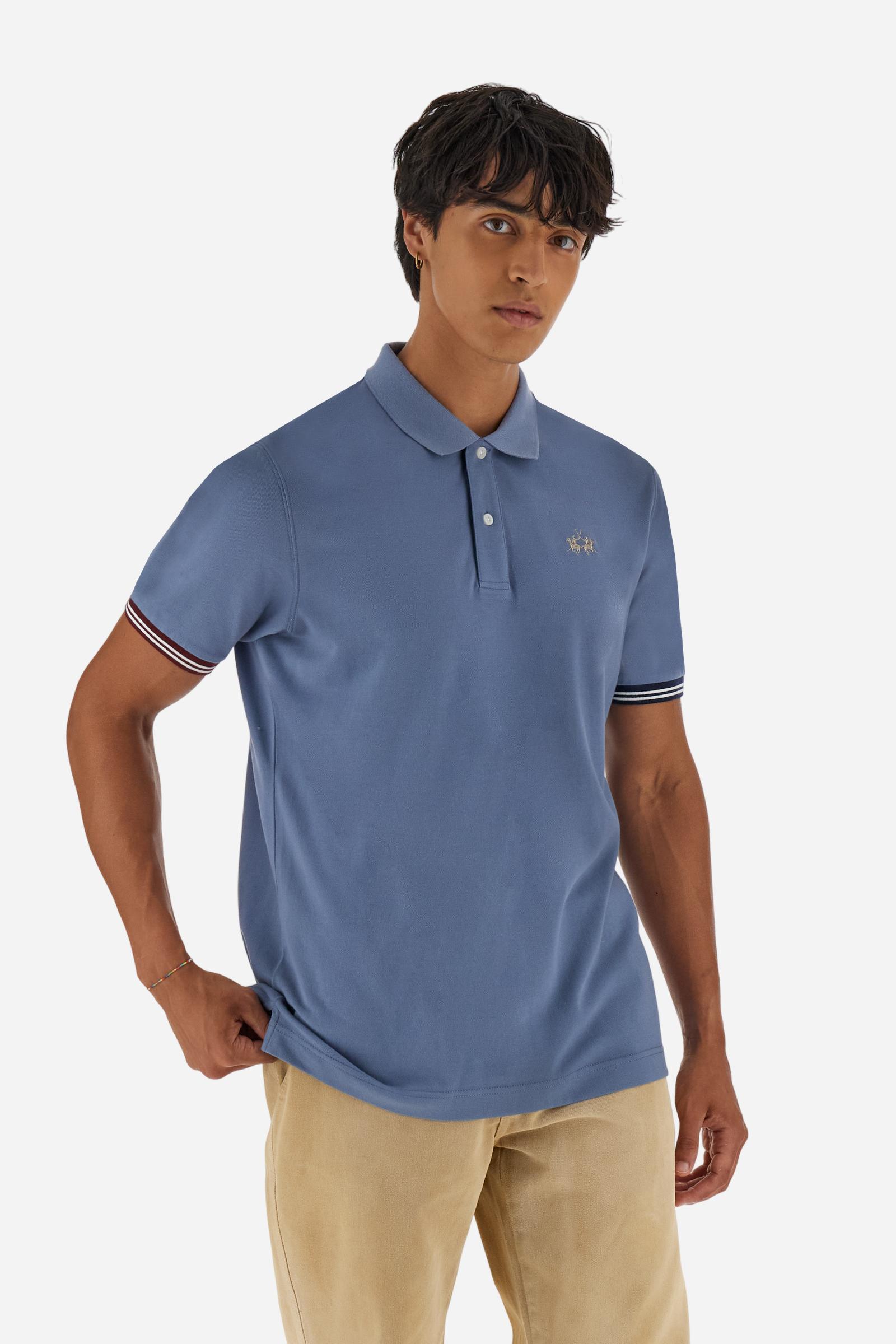 Men’s short-sleeve polo in high-quality stretch cotton piqué, ensuring excellent breathability and flexibility. Classic ribbed collar, two-button placket with customized buttons. Inner collar enriched with contrast tapes and colors for a modern touch. Multicolored ribbed cuffs with different patterns. Small contrast logo embroidered on the chest. Regular fit. Model wears size L. - Flint Stone