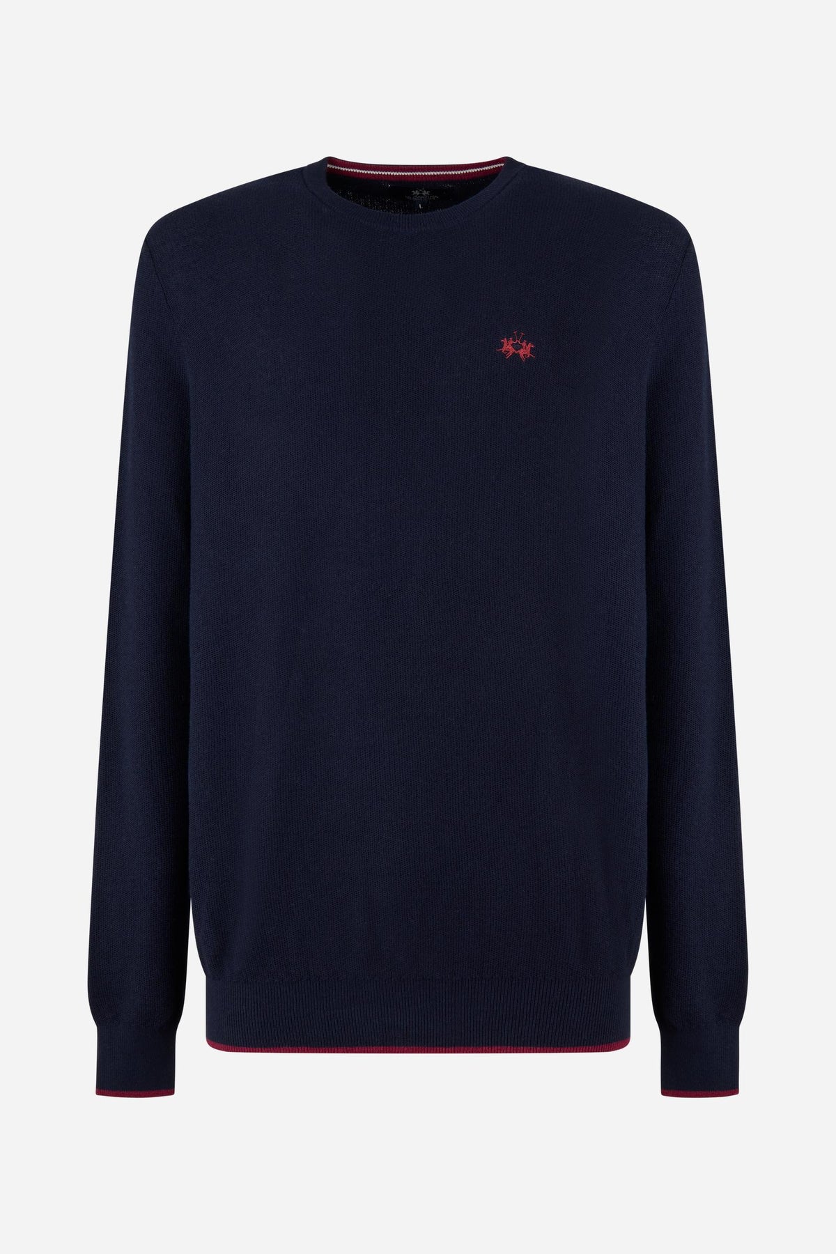 Men’s long-sleeve sweater in a soft cotton-wool blend with fine knit, ribbed crew neck, cuffs, hem, and subtle embroidered logo for a clean, comfortable fit. - Navy