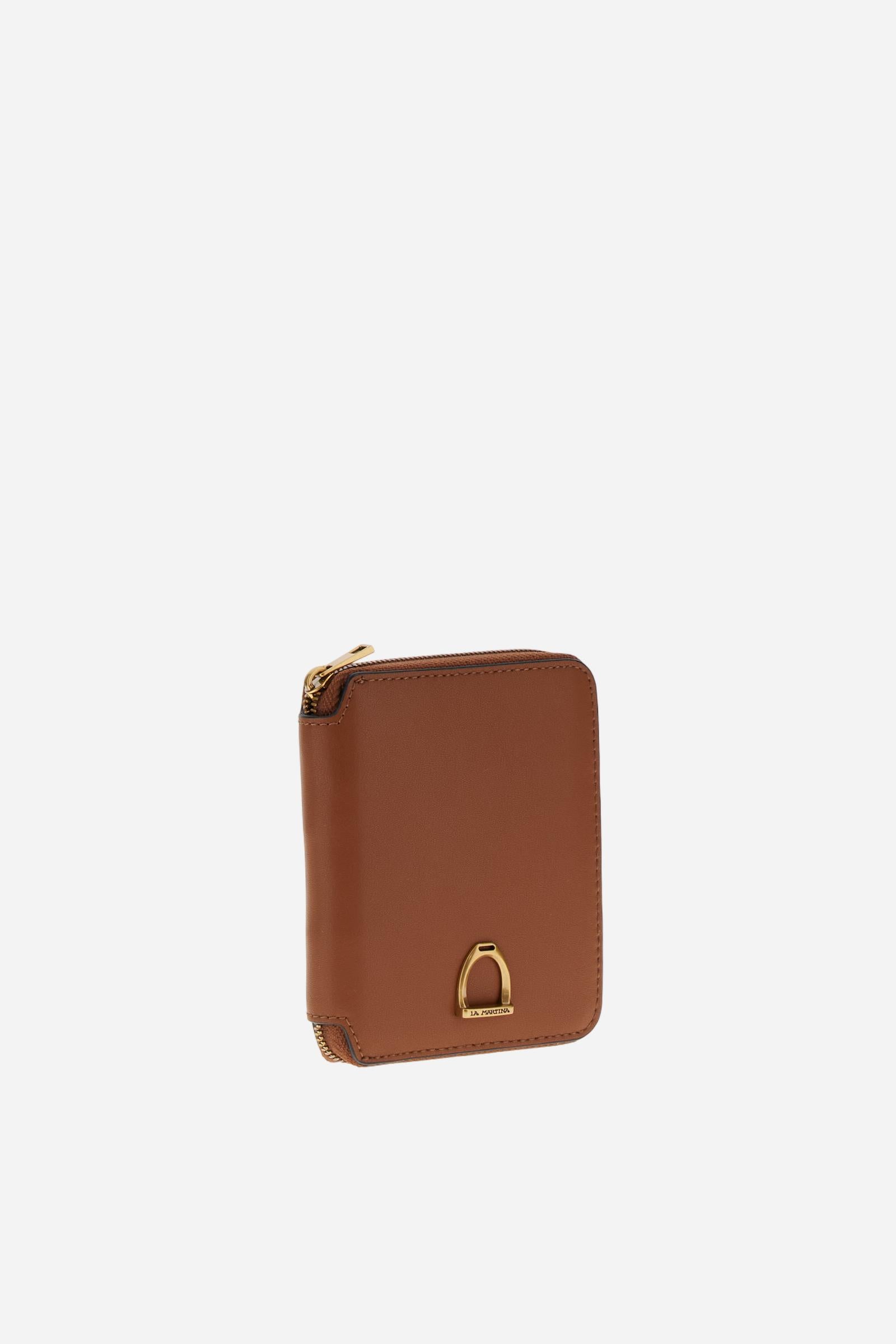 Small zip around wallet in calfskin leather. Compact and practical, with golden zip and branded metal detail. - COGNAC                                                                                                                                                                                                                                                                                                                                                                                                          