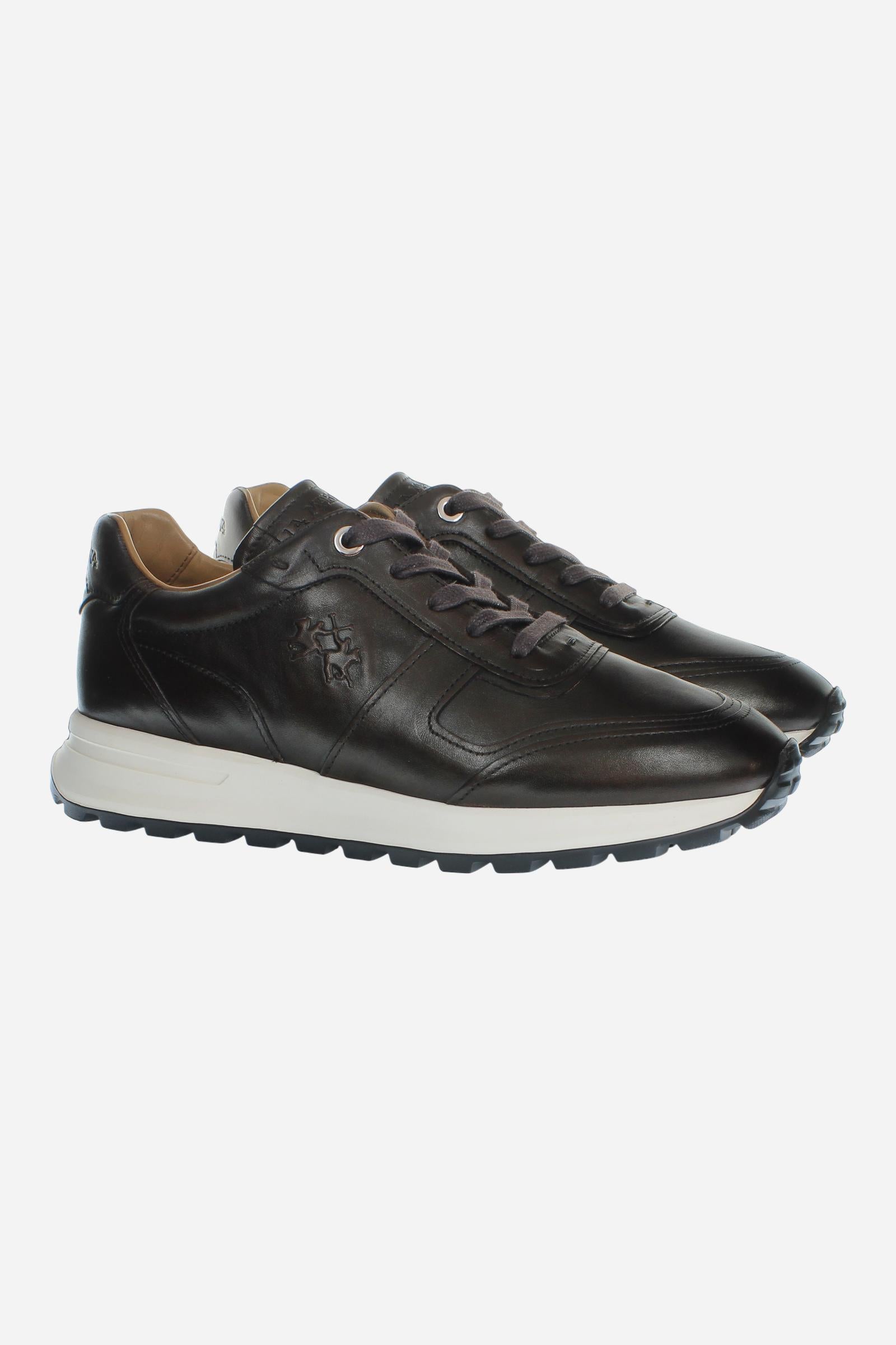 Men's leather sneaker with tone-on-tone stitching, hand-stitched details, embossed logos, and a lightweight two-tone EVA sole for comfort and grip. - Dark Brown