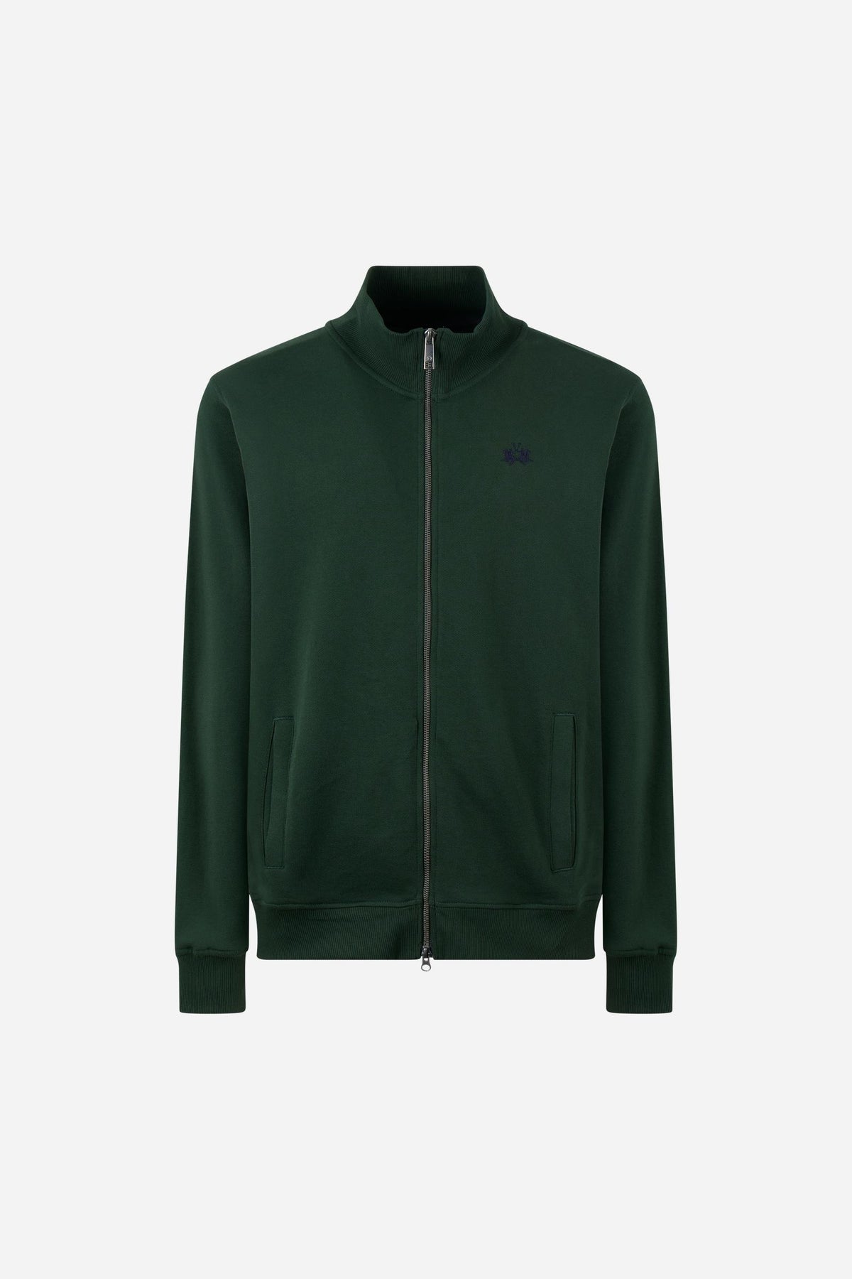 Men's 100% cotton fleece sweatshirt with a high collar, customized zipper, ribbed cuffs and hem, regular fit, and a subtle embroidered logo for comfort and style. - Sycamore