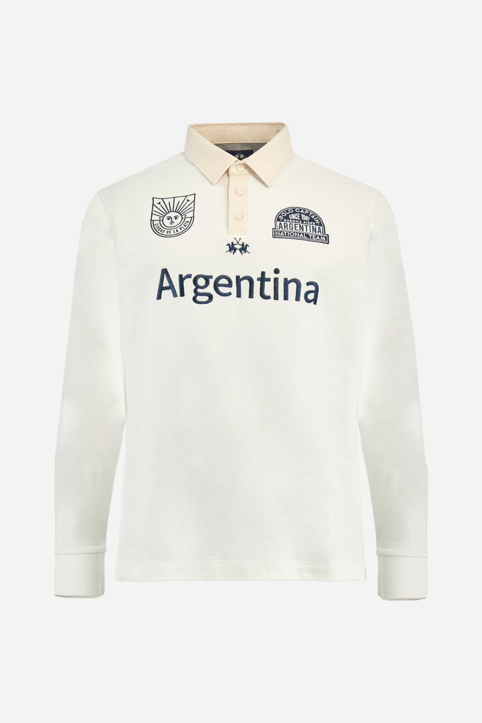 Long-sleeve polo shirt in soft, warm cotton jersey for all-day comfort. The contrasting gabardine collar adds a sophisticated touch to the clean design, while the ribbed cuffs in matching tone complete the look. On the chest, oversized colorful graphics celebrate Italy, Argentina, and England. A small embroidered logo in contrast sits below the placket. Regular fit for a relaxed silhouette that suits every body type. Model wears size L. - Off White