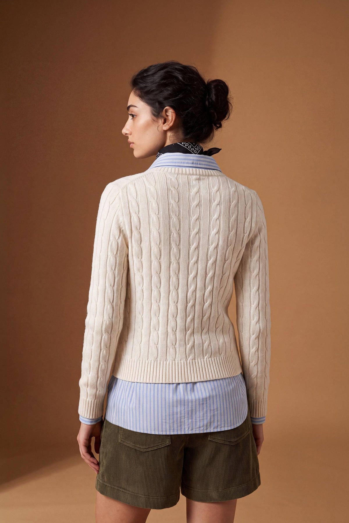 Women's long-sleeve crew neck sweater in wool-cashmere blend with classic cable knit, ribbed details, and a subtle embroidered logo for a refined, comfortable fit. - Antique White