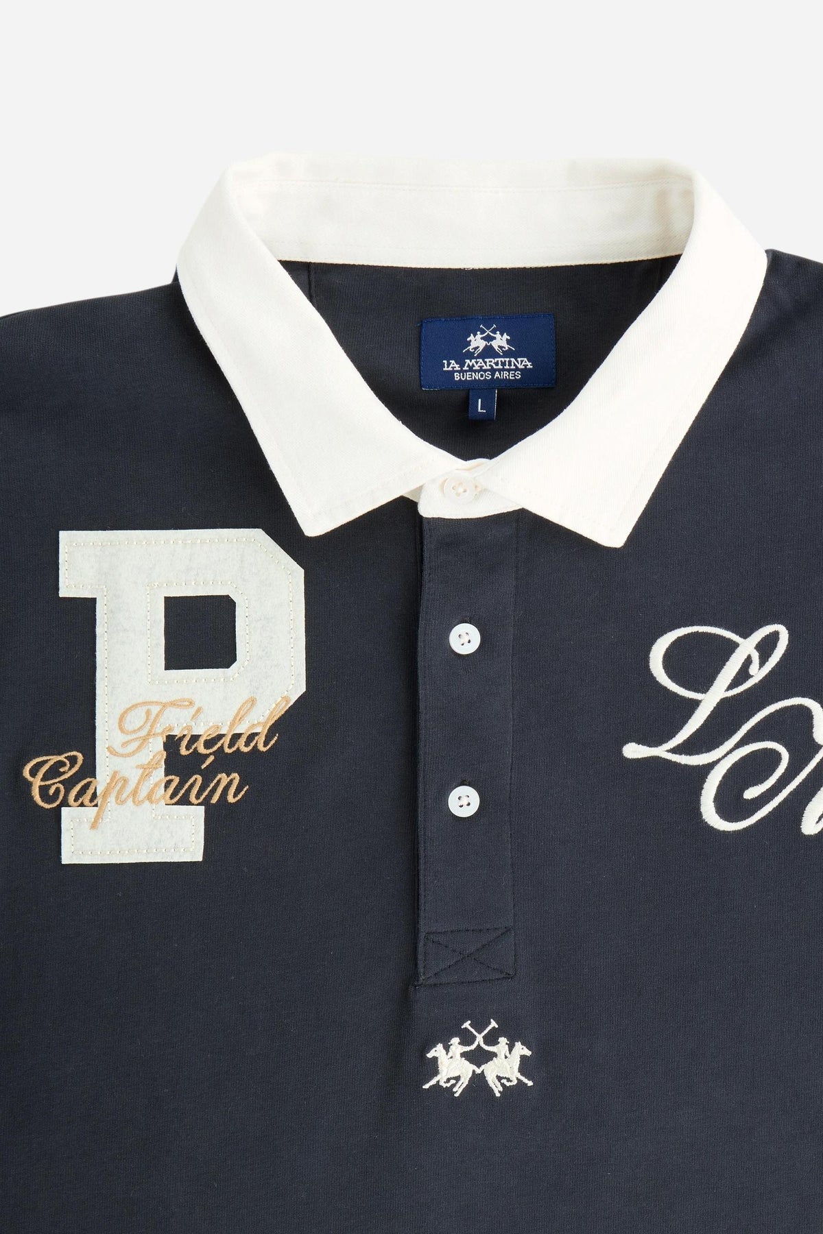 Men's long-sleeve polo in heavy 100% cotton jersey with contrasting collar, ribbed cuffs, embroidered details, and a relaxed contemporary fit for modern comfort. - Navy Blazer
