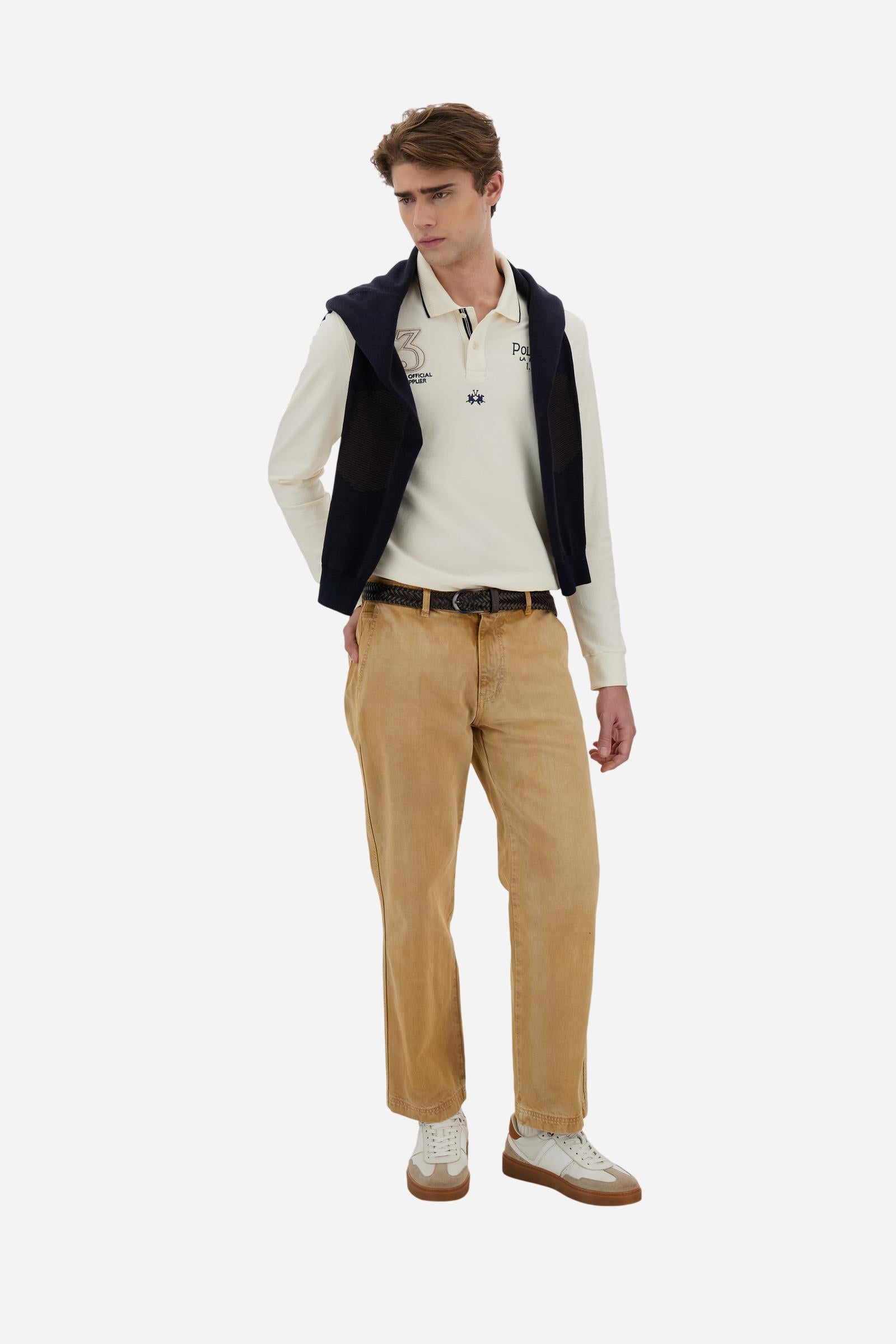 Men’s long-sleeve polo in stretch piqué. Ribbed collar and cuffs with striped contrast details. Regular fit with Polo Club graphic embroidered on the chest. - Pristine                                                                                                                                                                                                                                                                                                                                                         