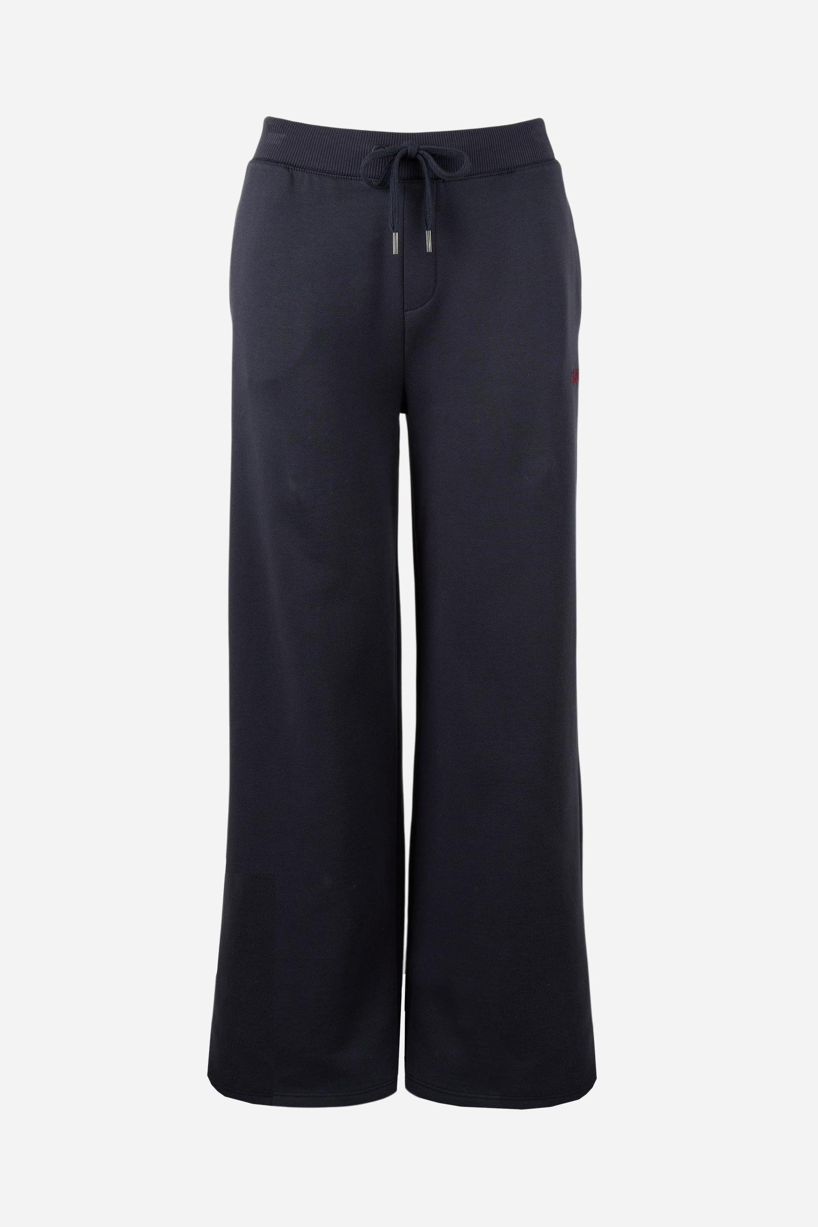 Women's pants in soft brushed cotton with an elastic waistband, adjustable drawstring, vertical side pockets, and a relaxed wide-leg fit for all-day comfort. - Navy Blazer
