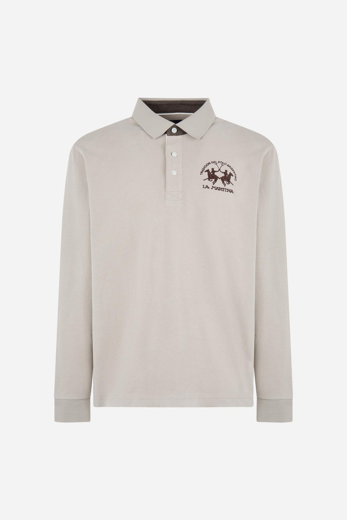 Men's long-sleeve polo in soft cotton jersey with contrasting gabardine collar, ribbed details, multicolor striped placket, and embroidered team logo for comfor - Vintage Khaki
