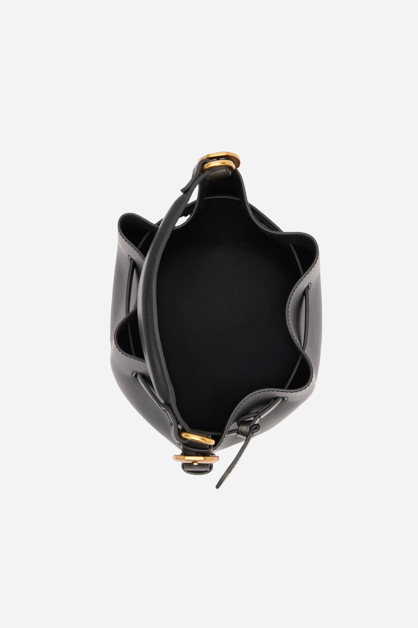 Small bucket bag in calfskin leather with leather details. Refined drawstring closure and metallic finishes. - Black