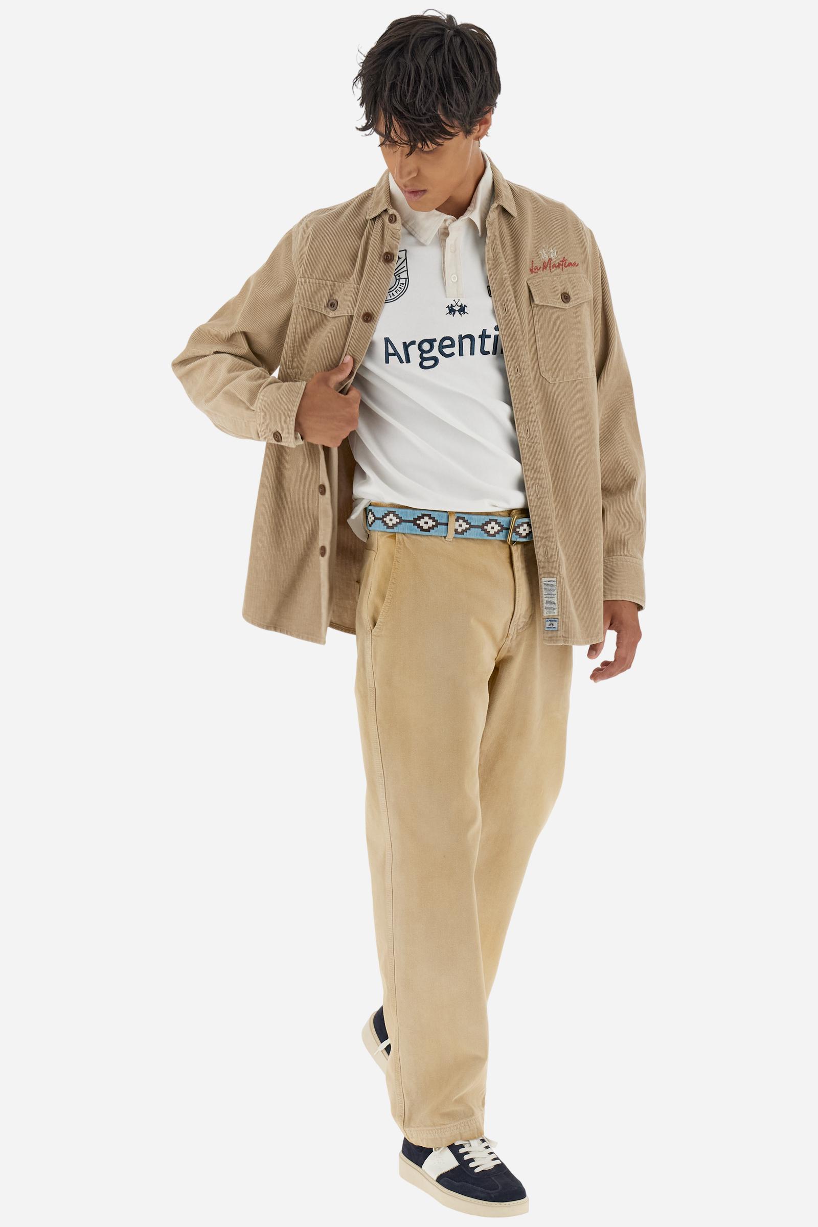 Long-sleeve polo shirt in soft, warm cotton jersey for all-day comfort. The contrasting gabardine collar adds a sophisticated touch to the clean design, while the ribbed cuffs in matching tone complete the look. On the chest, oversized colorful graphics celebrate Italy, Argentina, and England. A small embroidered logo in contrast sits below the placket. Regular fit for a relaxed silhouette that suits every body type. Model wears size L. - Off White