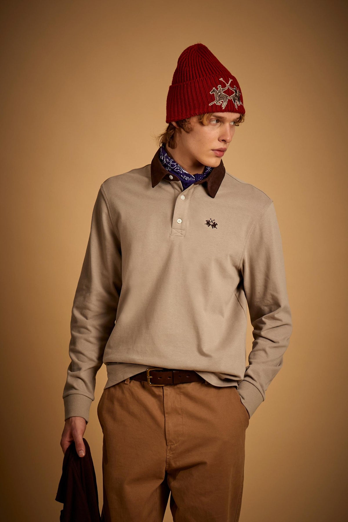 Polo uomo manica lunga in jersey cotone pesante collo a contrasto - Duke