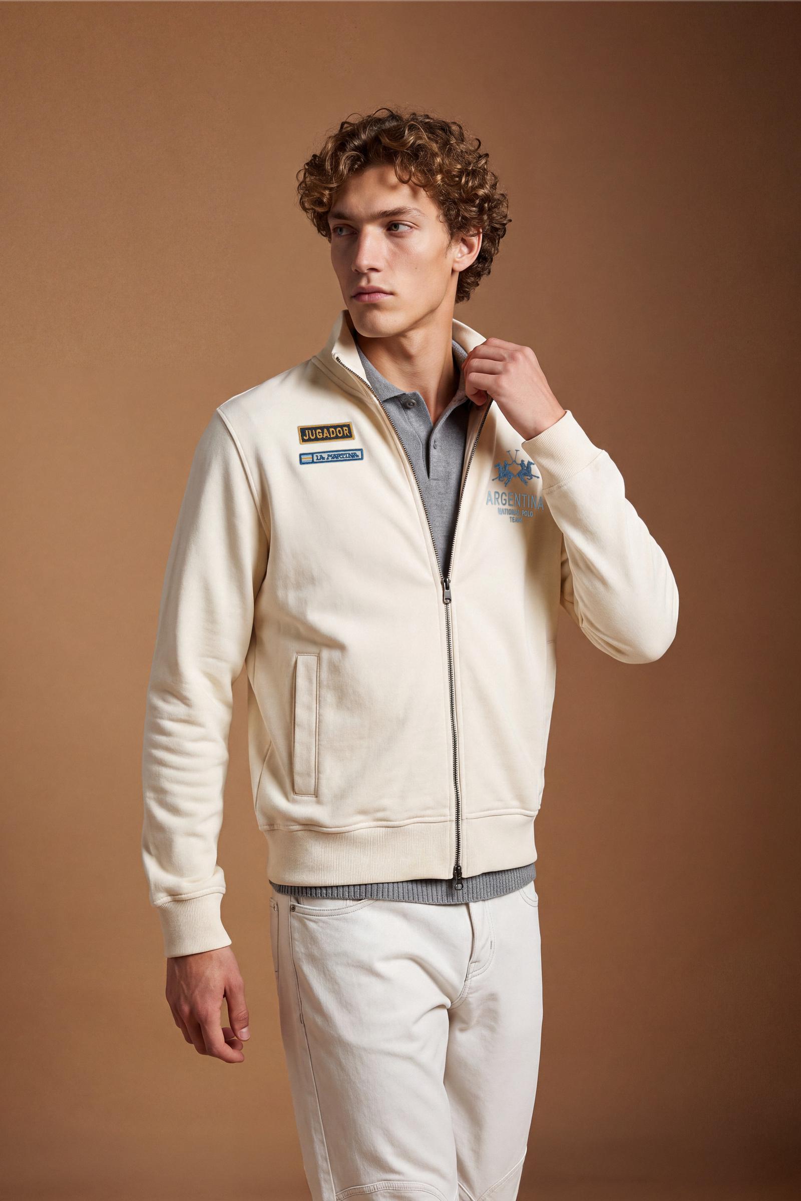 Men's long-sleeve sweatshirt in brushed cotton fleece with high collar, double-slider zipper, ribbed cuffs, embroidered Argentina Polo Team graphic, and side pockets. - Pristine