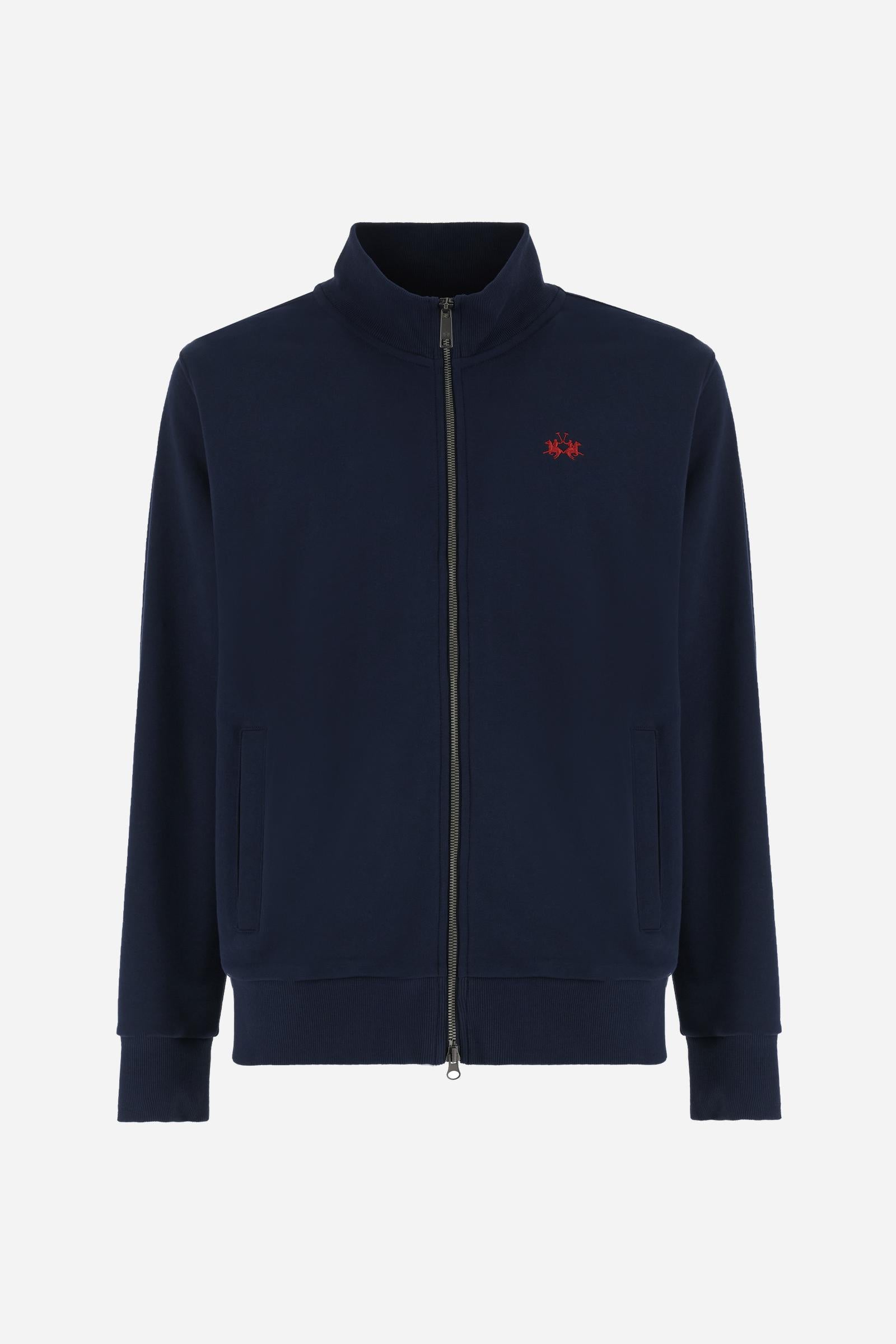 Men’s long sleeve sweatshirt made of lightweight 100% cotton summer fleece. Featuring a high neck with full front opening and personalized zip. Ribbed collar, cuffs and hem. Regular straight fit. Small contrast embroidered brand logo on the chest. The model wears size L. - Navy                                                                                                                                                                                                                                          