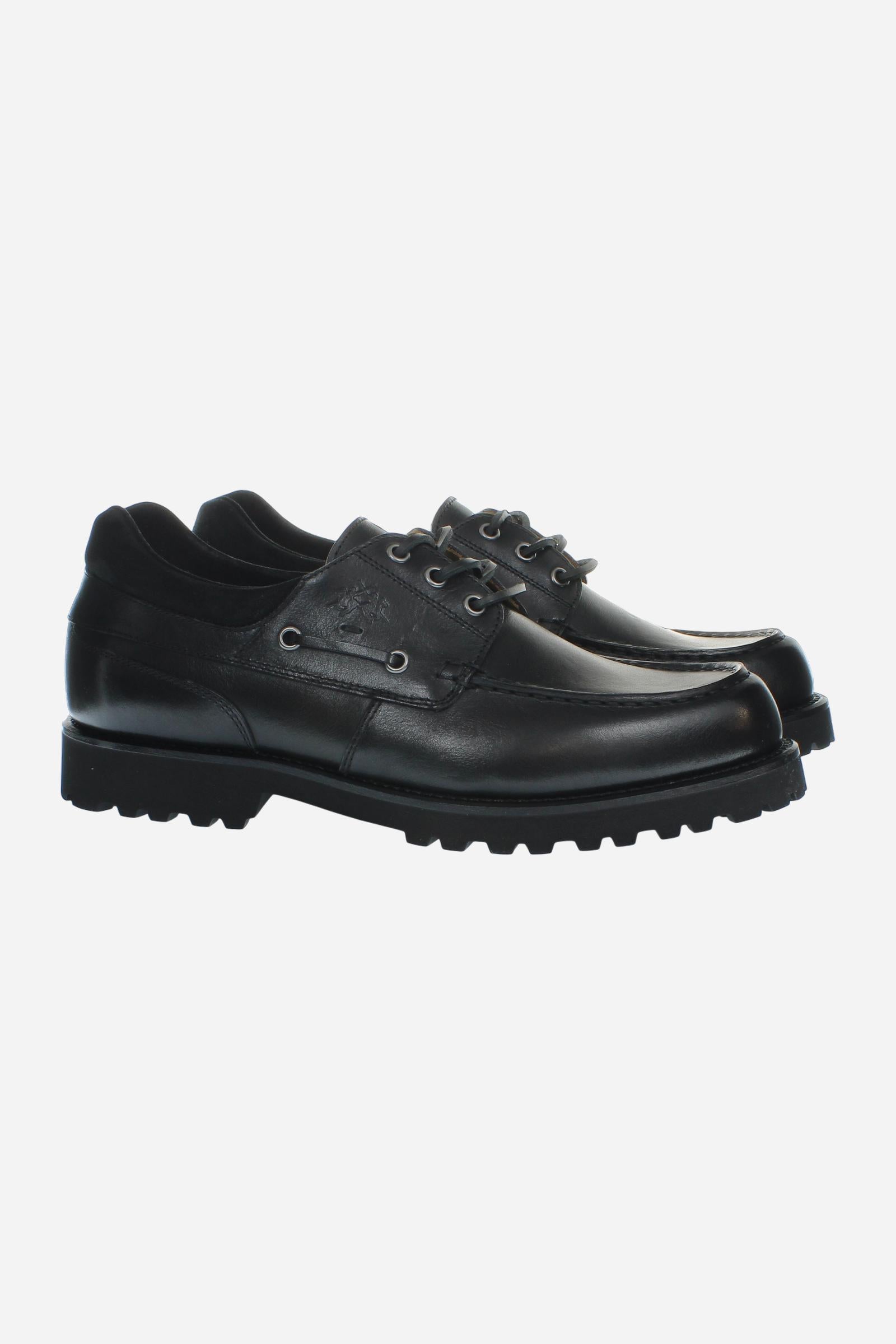 Men's leather boat shoe with handcrafted moccasin stitching, padded nappa collar, leather laces, and Vibram® sole for lightweight comfort, cushioning, and grip. - Black
