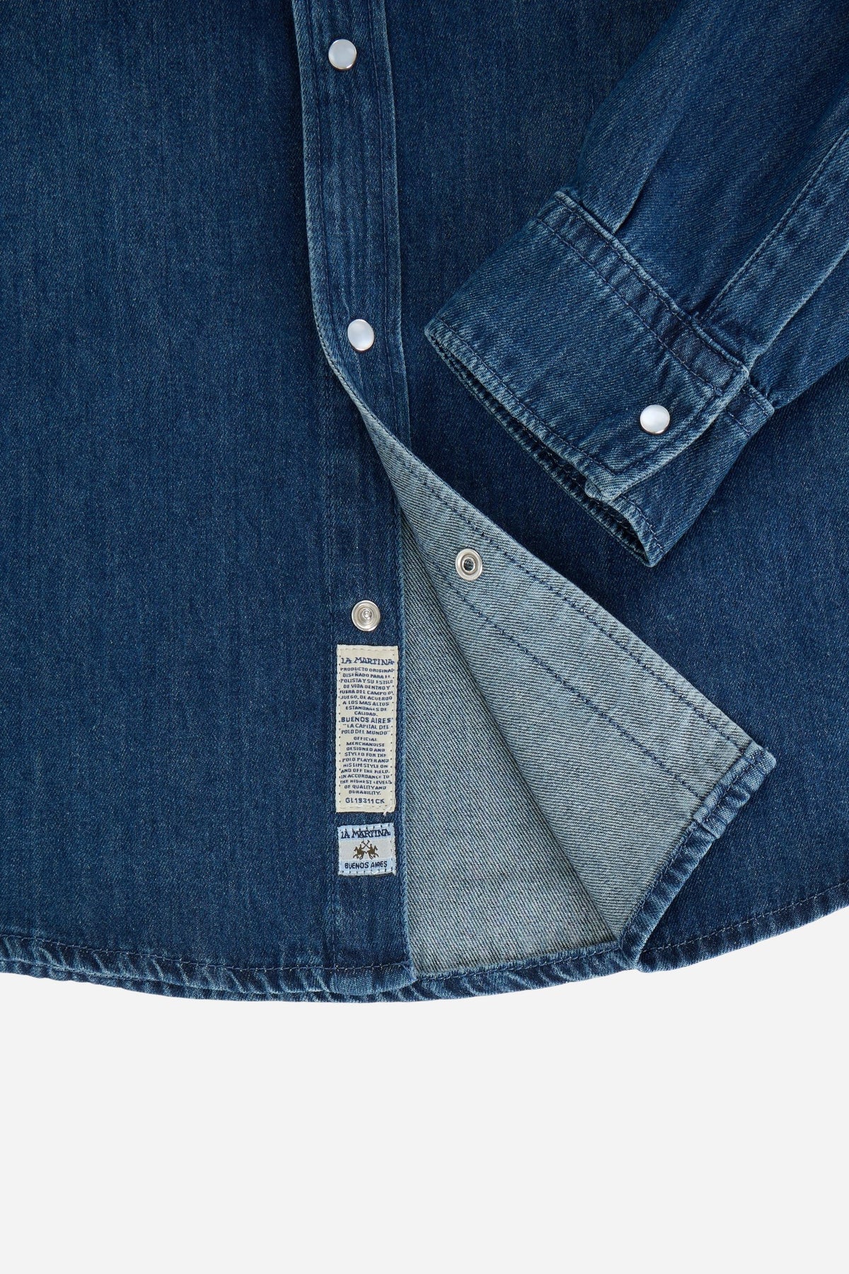 Men’s long-sleeve denim shirt in lightweight 100% cotton with deep blue wash, snap button details, chest pockets, and a clean, comfortable fit. - Dark Indigo Denim