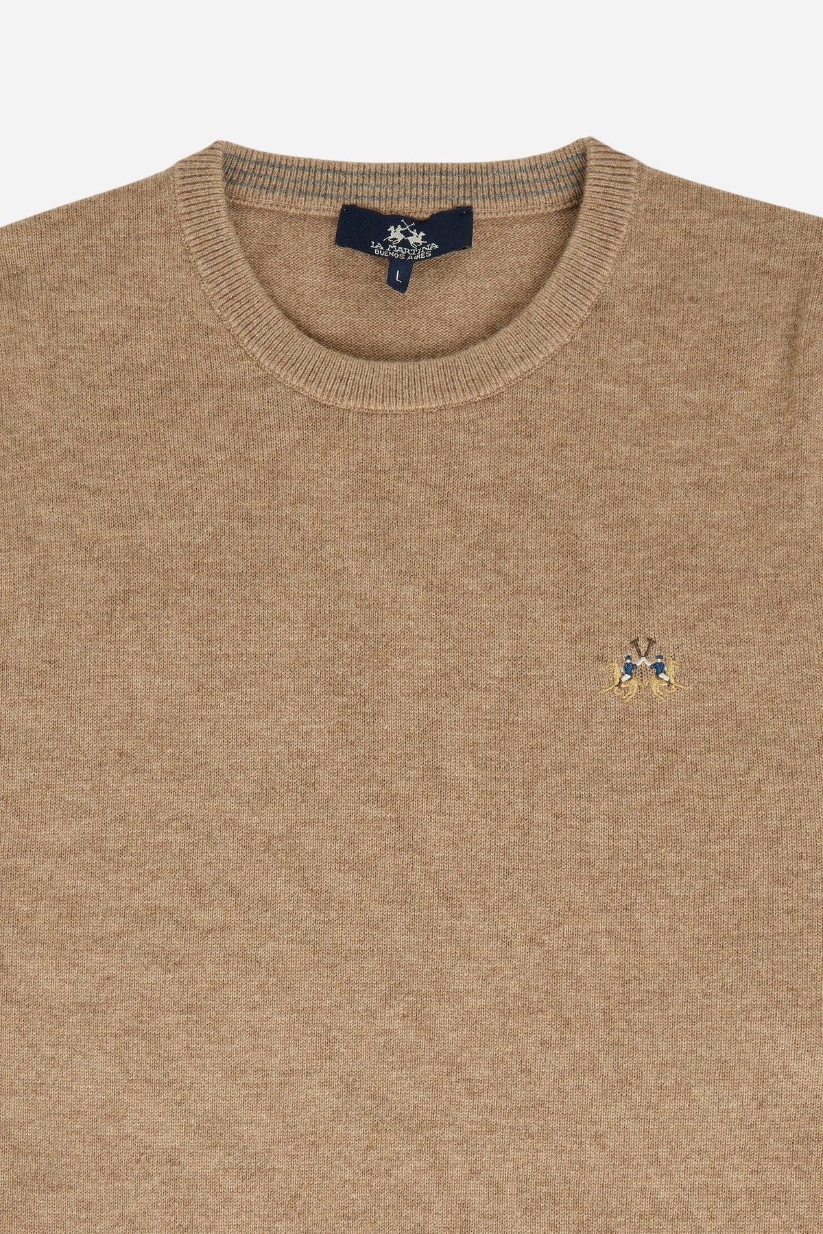 Men’s long-sleeve sweater in a soft 50% lambswool blend with ribbed collar, cuffs, and hem. Features a two-tone striped collar interior and a subtle embroidered logo. - Cornstalk