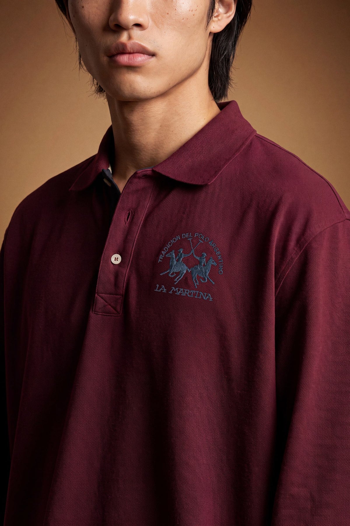 Men's long-sleeve polo in soft cotton jersey with contrasting gabardine collar, ribbed details, multicolor striped placket, and embroidered team logo for comfor - Port Royale
