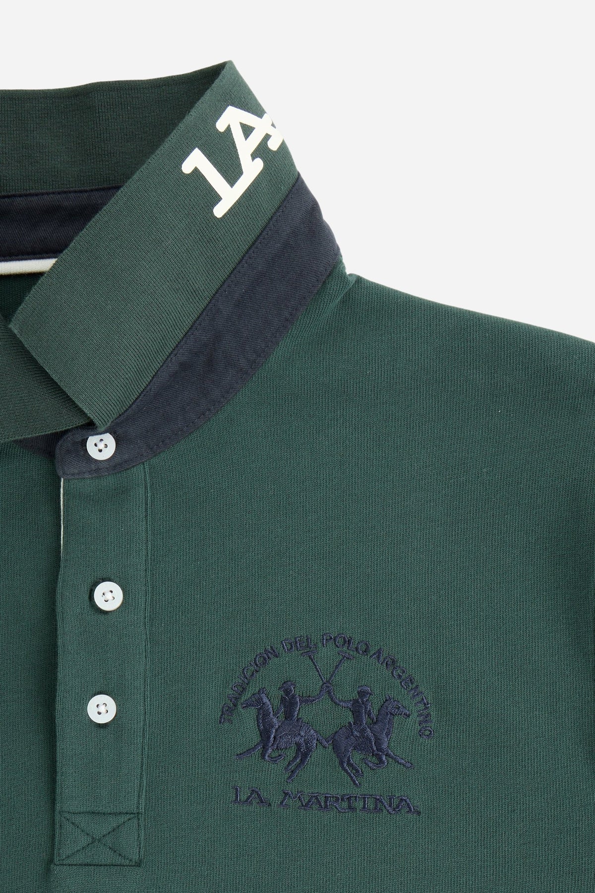 Men's long-sleeve polo in soft cotton jersey with contrasting gabardine collar, ribbed details, multicolor striped placket, and embroidered team logo for comfor - Sycamore