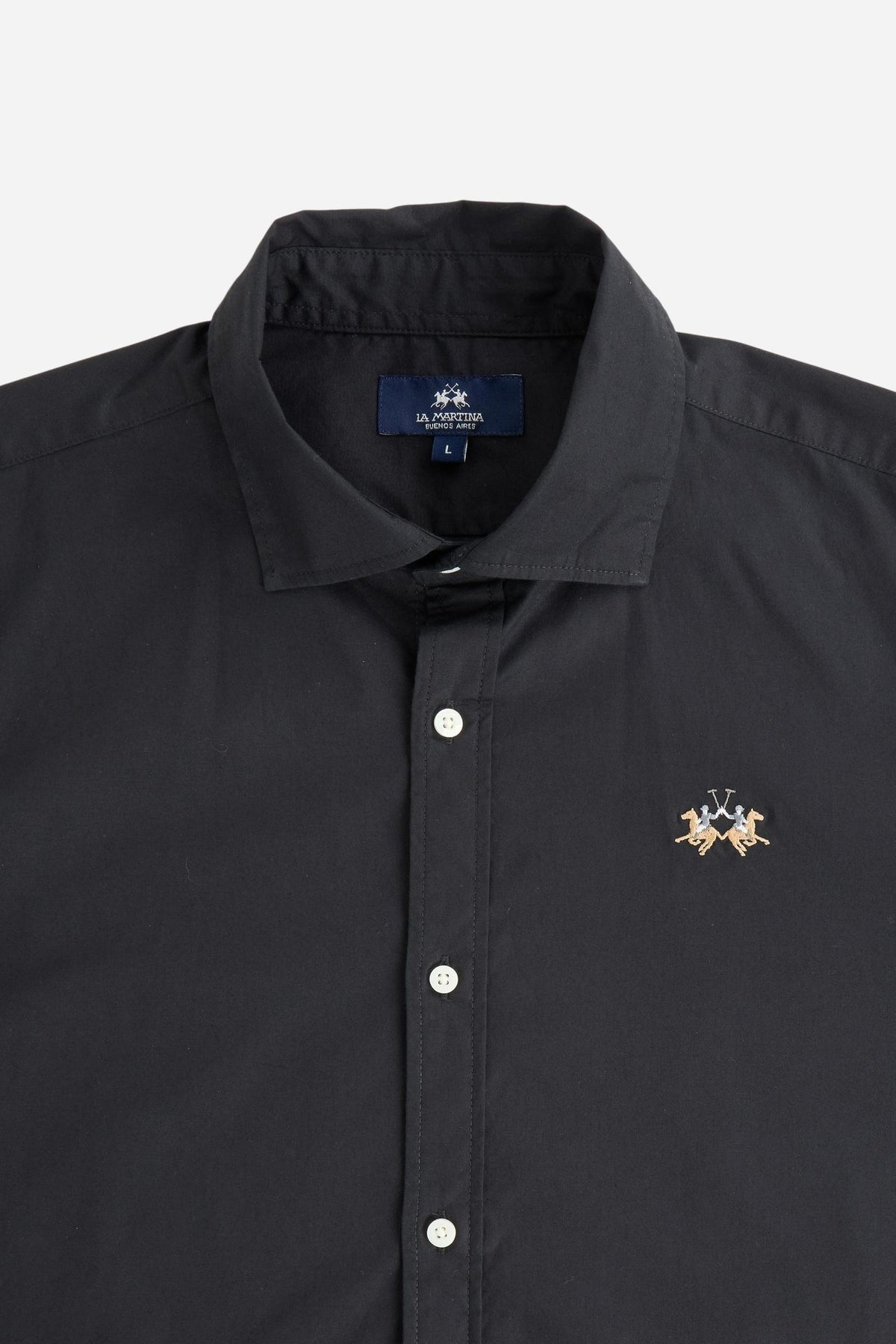 Men's long-sleeve 100% cotton poplin shirt with regular fit, French collar, custom buttons, single-button cuff, and Argentina Edition labels for a refined look. - Black