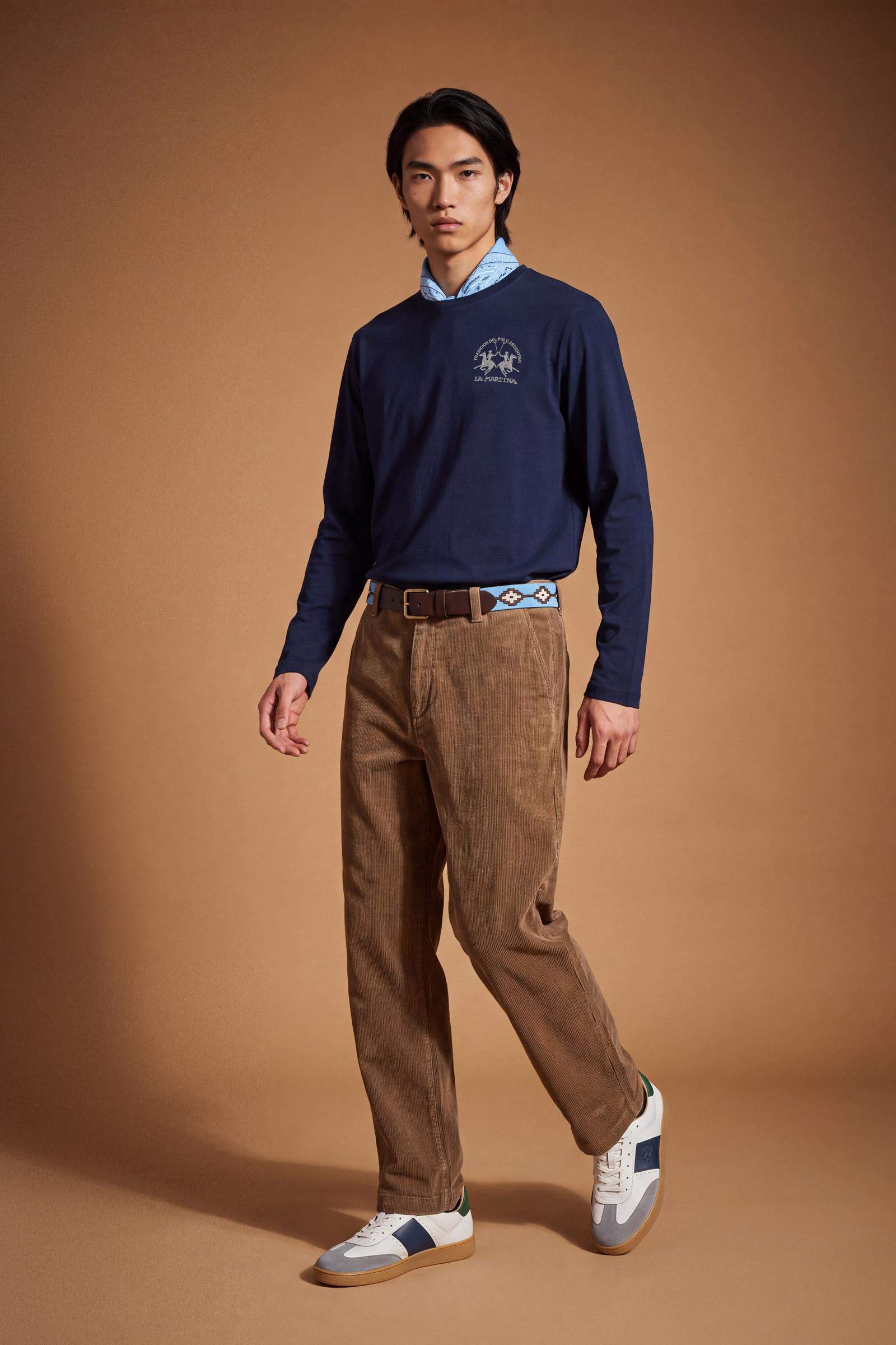Long-sleeve 100% cotton jersey T-shirt with ribbed crew neck and cuffs, featuring a contrasting embroidered team logo. Regular fit for all-day comfort. - Navy Blazer