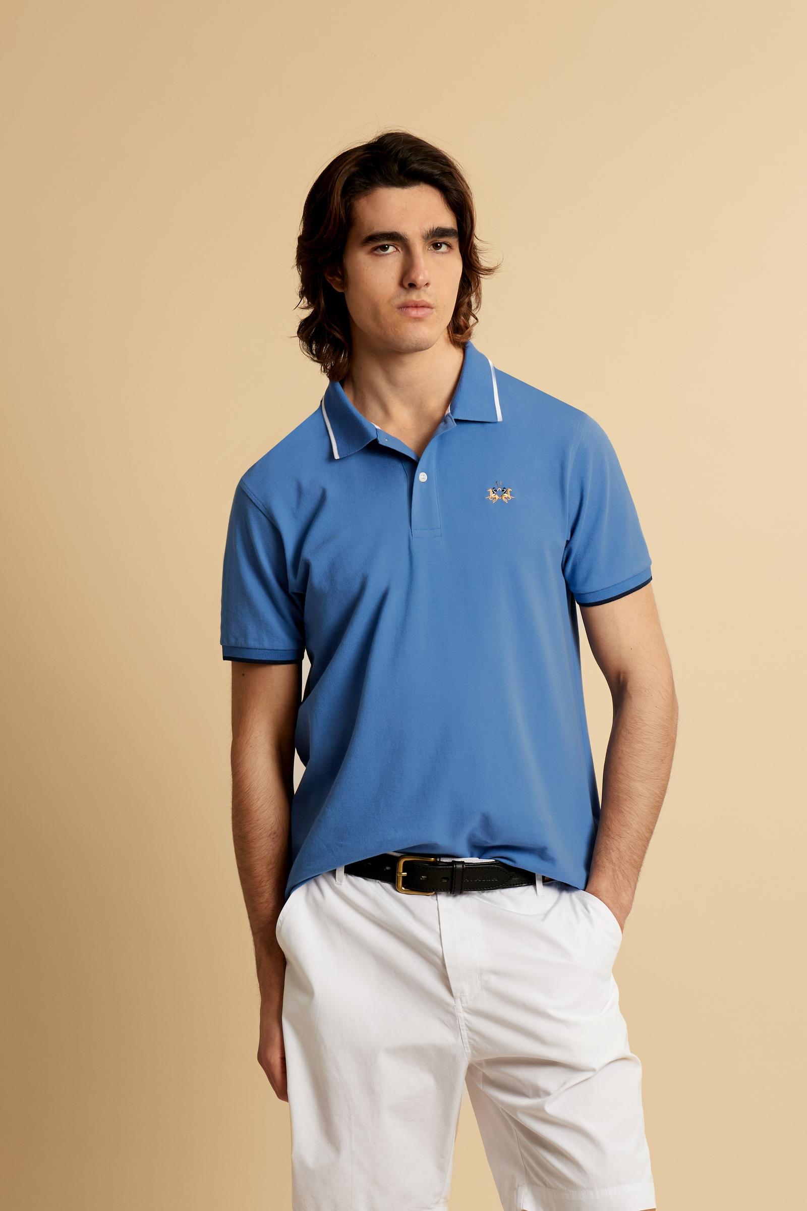 Men’s short-sleeve stretch piqué polo shirt with a regular fit. Ribbed trims with contrast piping, tricolour logo and embroidered undercollar detail. - Riviera                                                                                                                                                                                                                                                                                                                                                                 