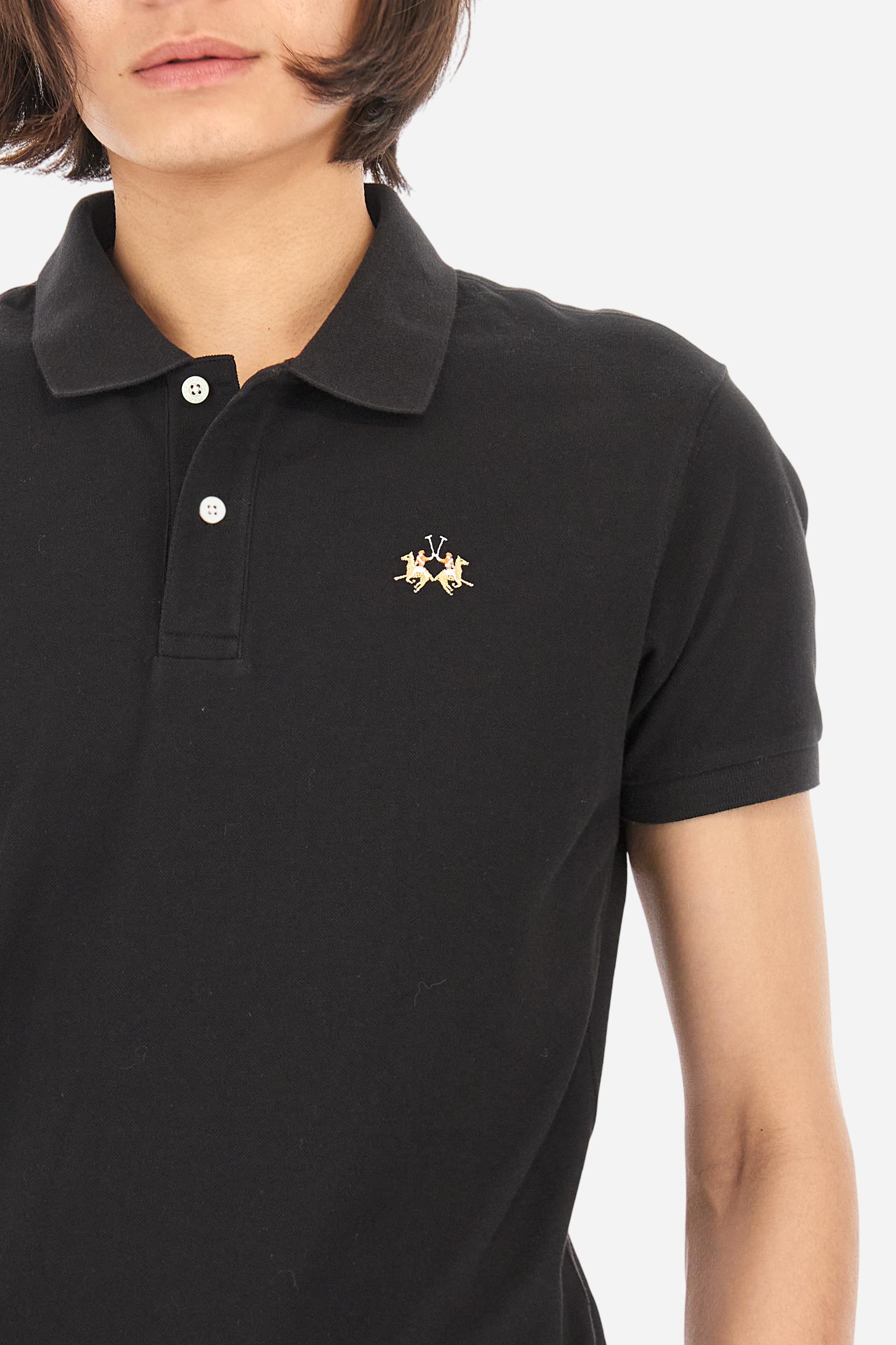 Men's short-sleeved cotton piqué polo shirt. Regular fit with fabric detail under the collar. - Black