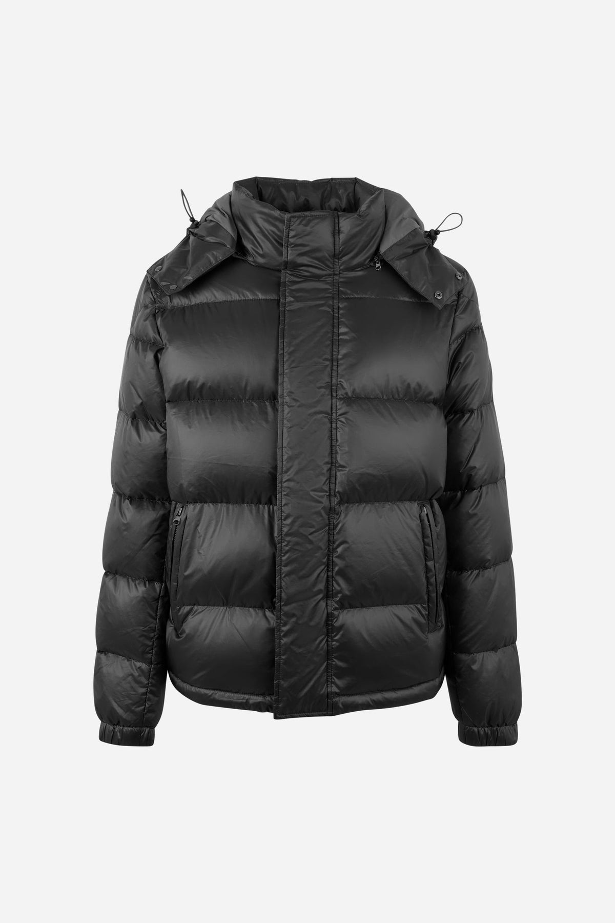 Men's padded feather bomber jacket with detachable hood, iridescent nylon, double zipper, snap buttons, adjustable drawstring, zippered pockets, and embroidered logo. - Black