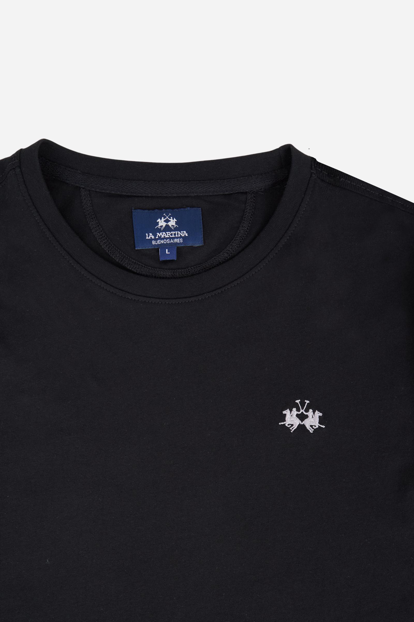 Men's short-sleeved crew-neck T-shirt in solid color with embroidered logo. Made of 100% cotton, perfect for a casual and trendy look with shorts or trousers. - Black