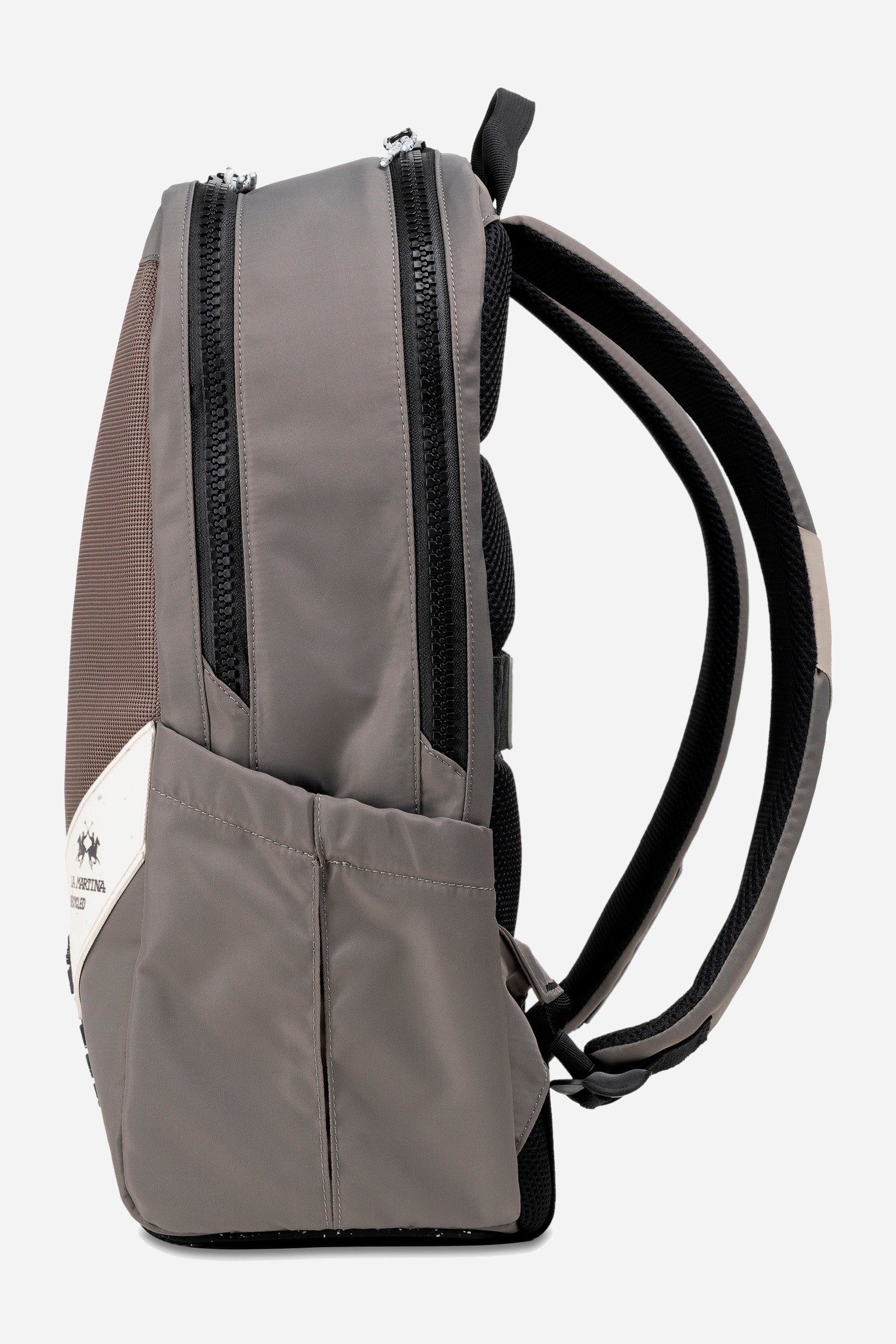 Rucksack made from recycled polyester fabric and recycled microfibre inserts