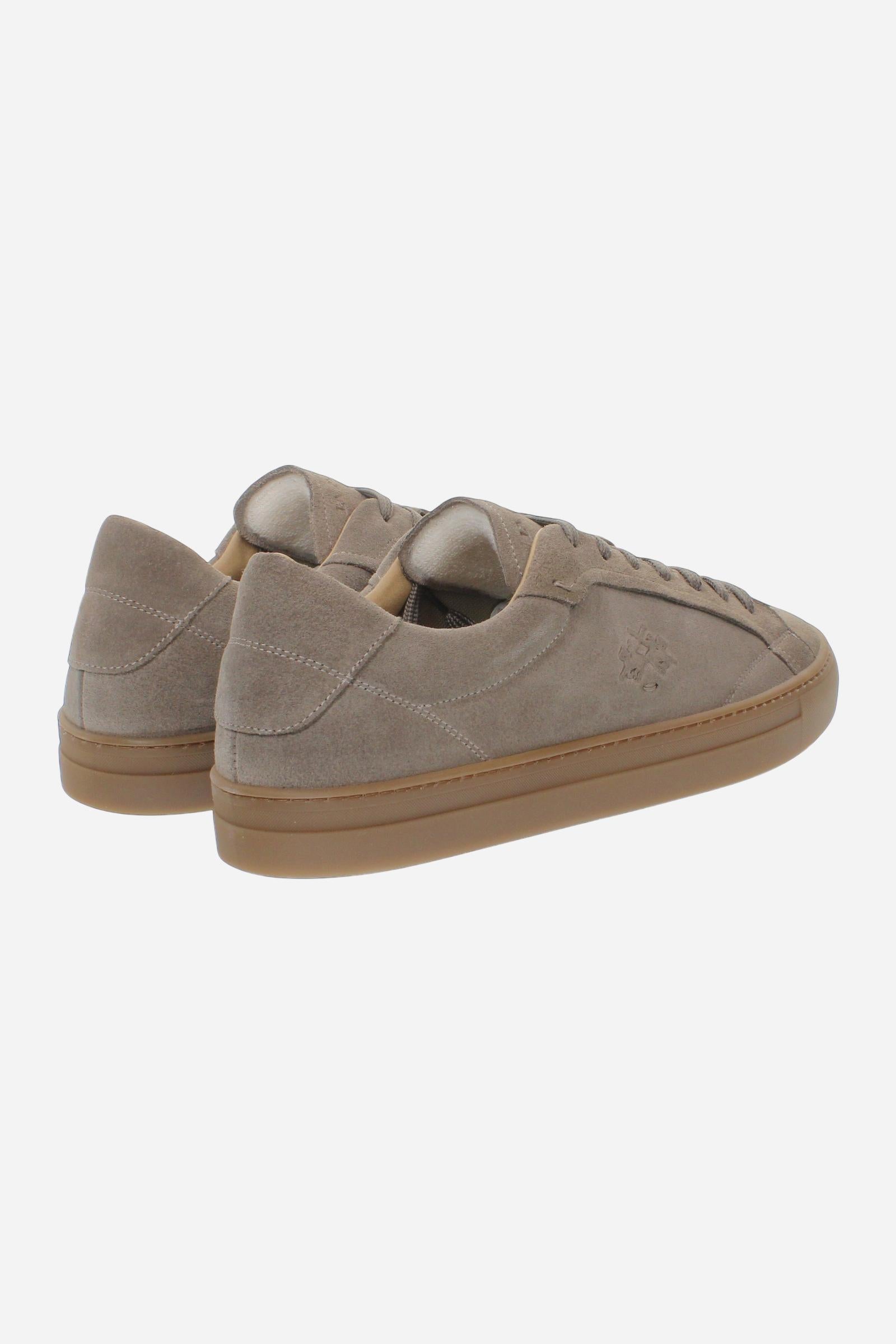 Men’s suede sneaker with flexible two-part leather tongue, hand-stitched embossed logo, amber rubber sole, and lightweight Strobel construction for all-day comfort. - Taupe Gray