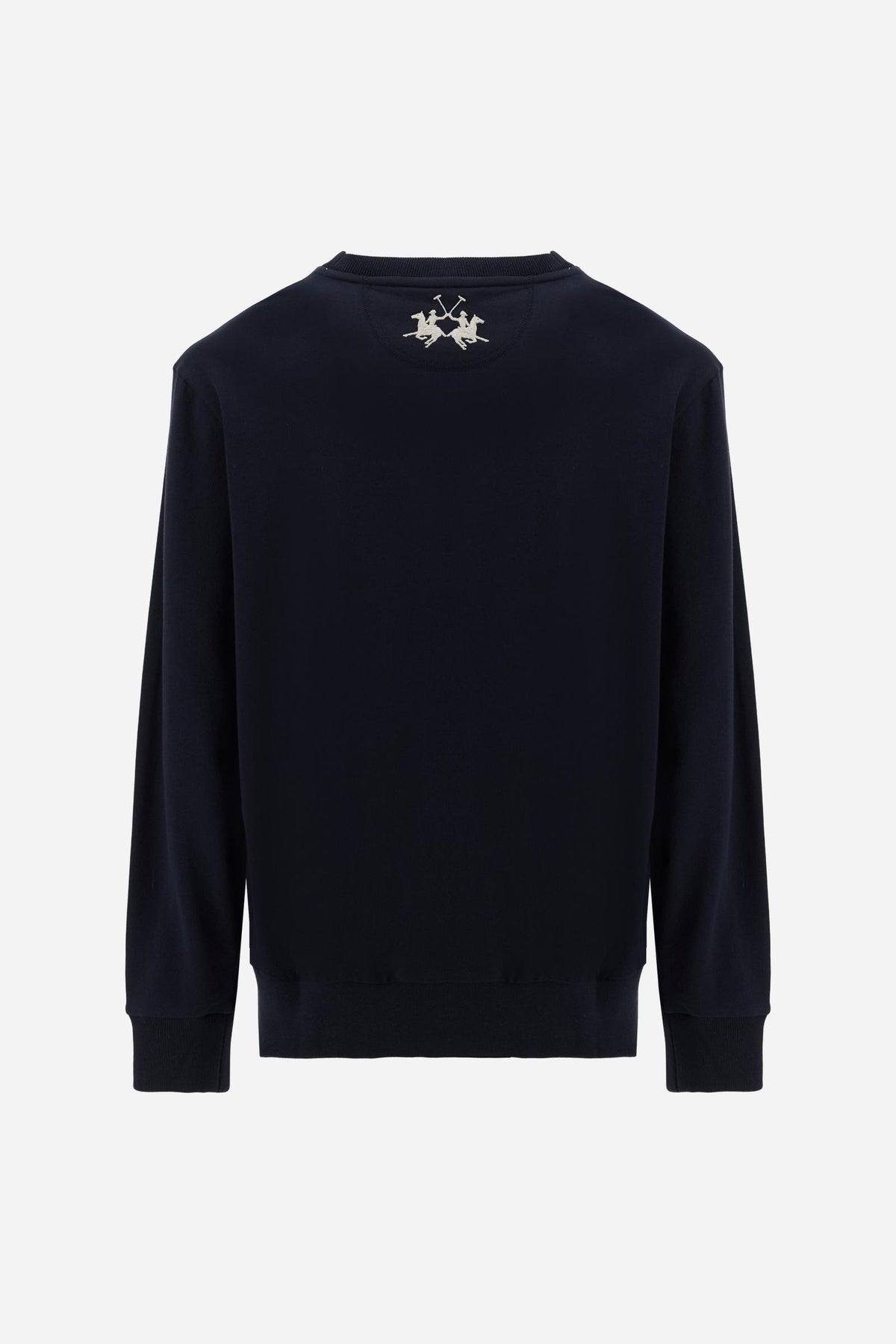 Men’s French Terry sweatshirt with contemporary fit, modern cut and hip-length design. Ribbed trim and contrast embroidery on the chest. - Navy