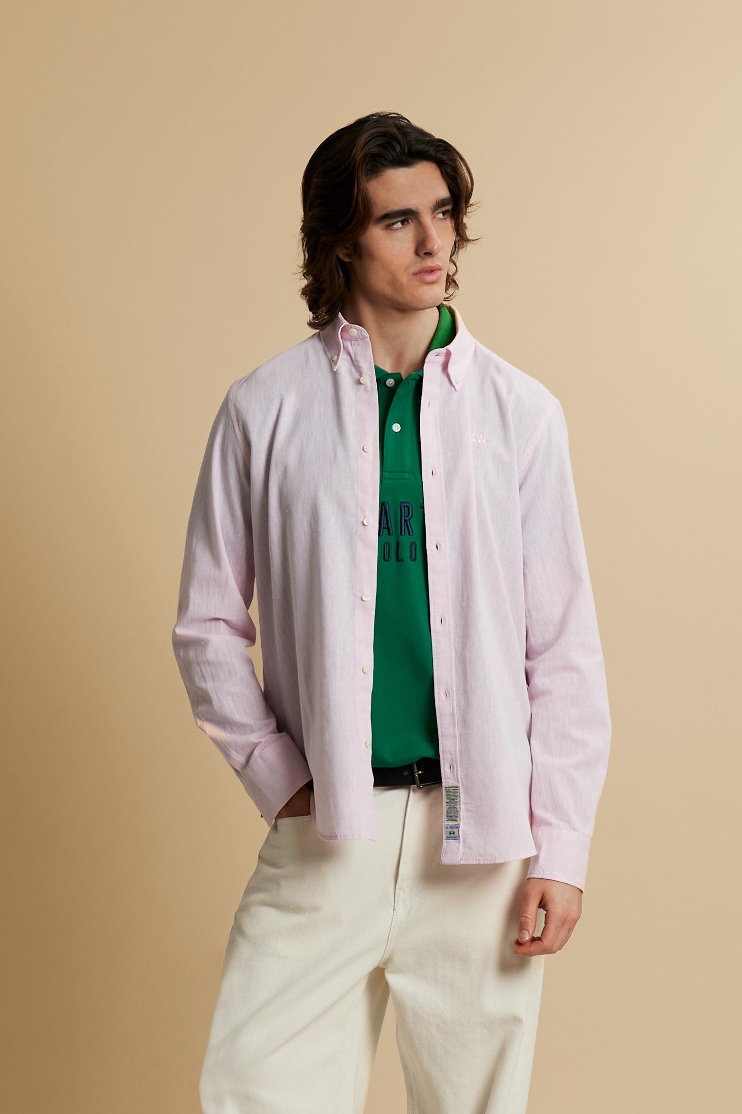 Men’s regular fit cotton and linen shirt with small logo - Rodolfo