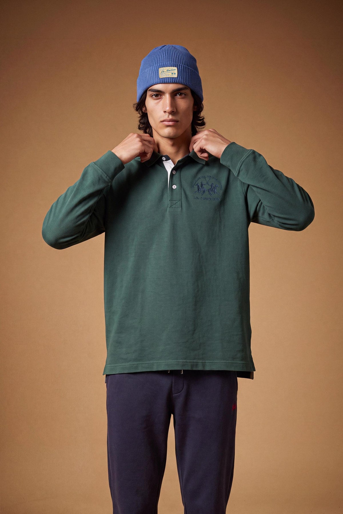 Men's long-sleeve polo in soft cotton jersey with contrasting gabardine collar, ribbed details, multicolor striped placket, and embroidered team logo for comfor - Sycamore