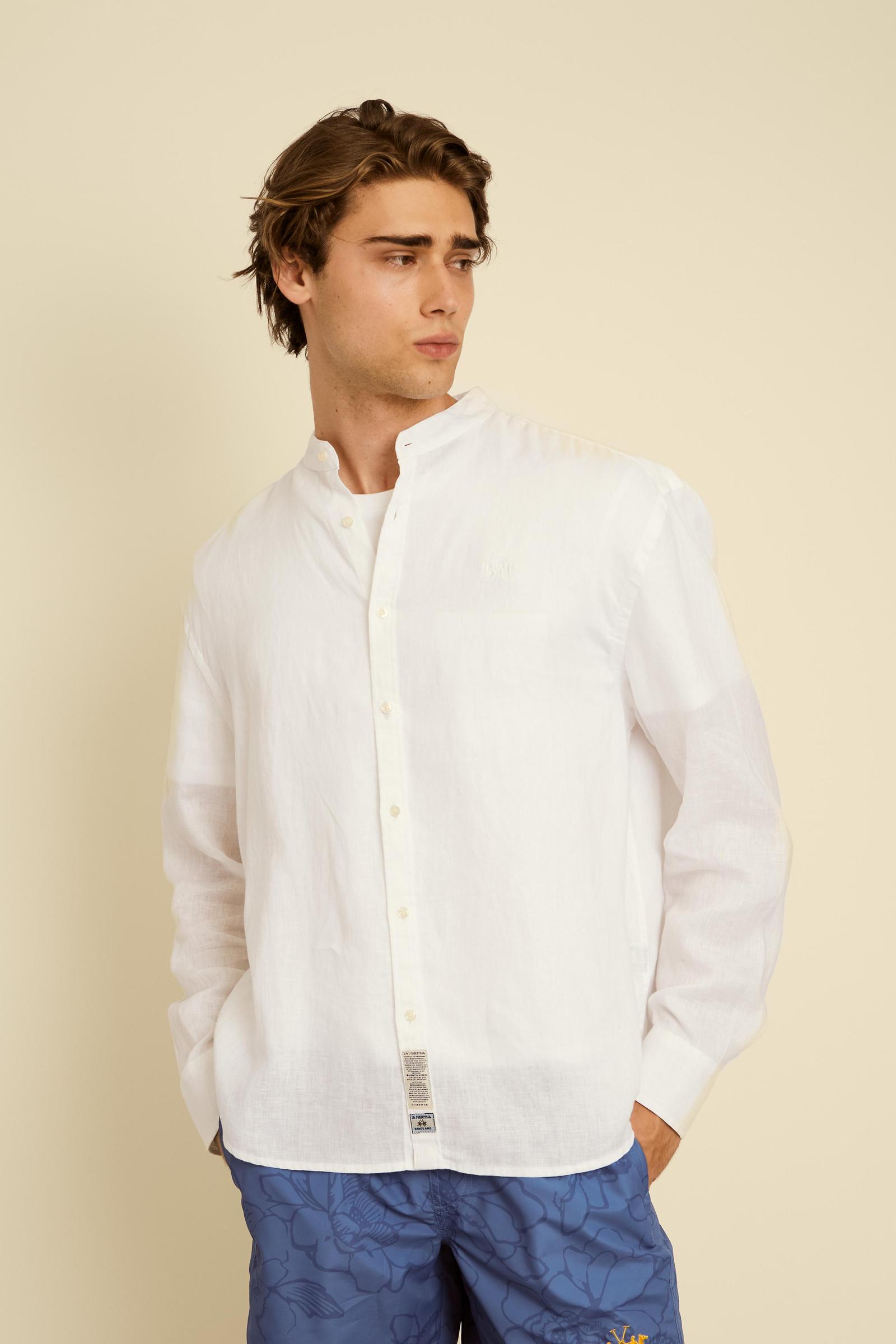 Camisa de hombre con cuello mao en lino teñido en prenda - Yasr