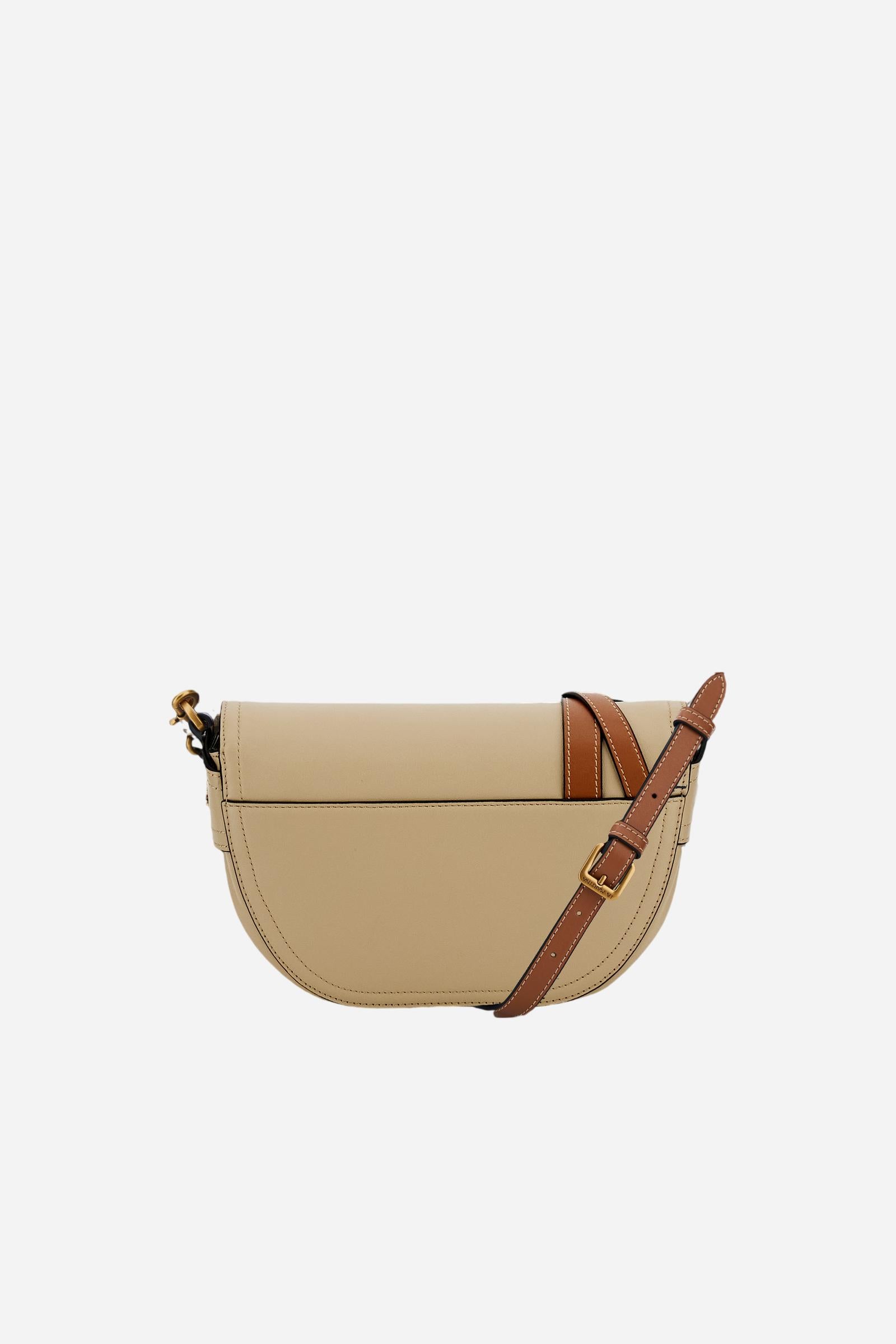 Small half-moon bag in full-grain leather with leather trim, saddle flap and gold maxi stirrup buckle with engraved logo. - Neutral/Cuoio
