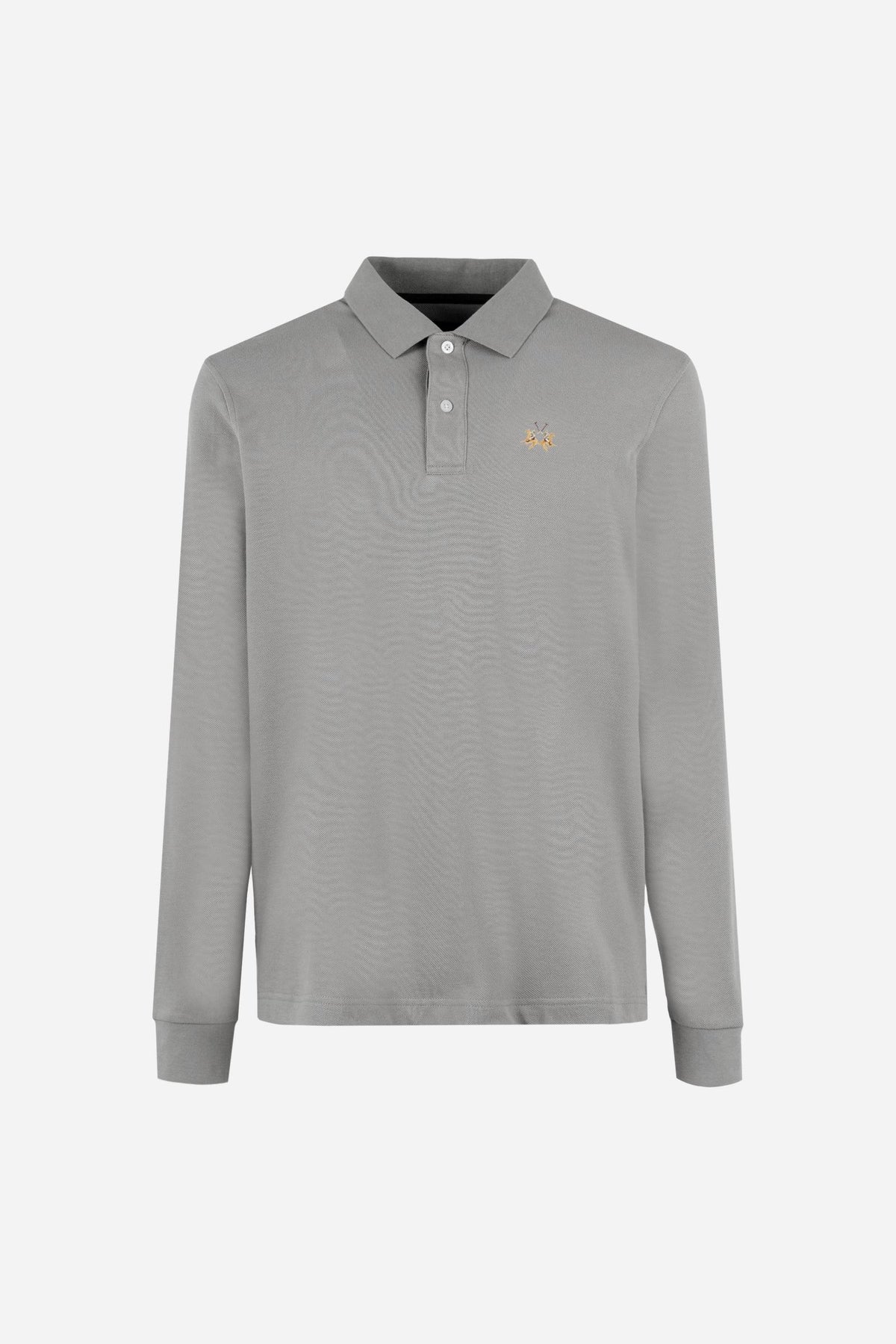 Men’s long-sleeve polo in stretch cotton piqué offers comfort, flexibility, a ribbed collar with contrasting gabardine detail, slim fit, and embroidered logo - Medium Heather Grey