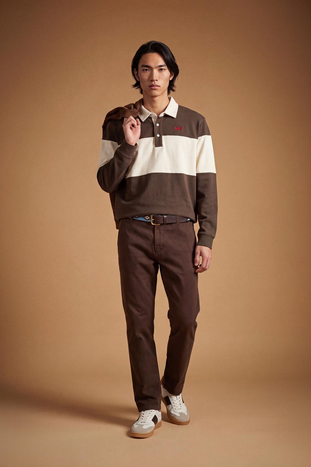 Men's long-sleeve polo in heavy 100% cotton jersey with two-tone collegiate color block, rugby construction, contrasting collar, and embroidered logo for comfor - HotFudge/Pristine