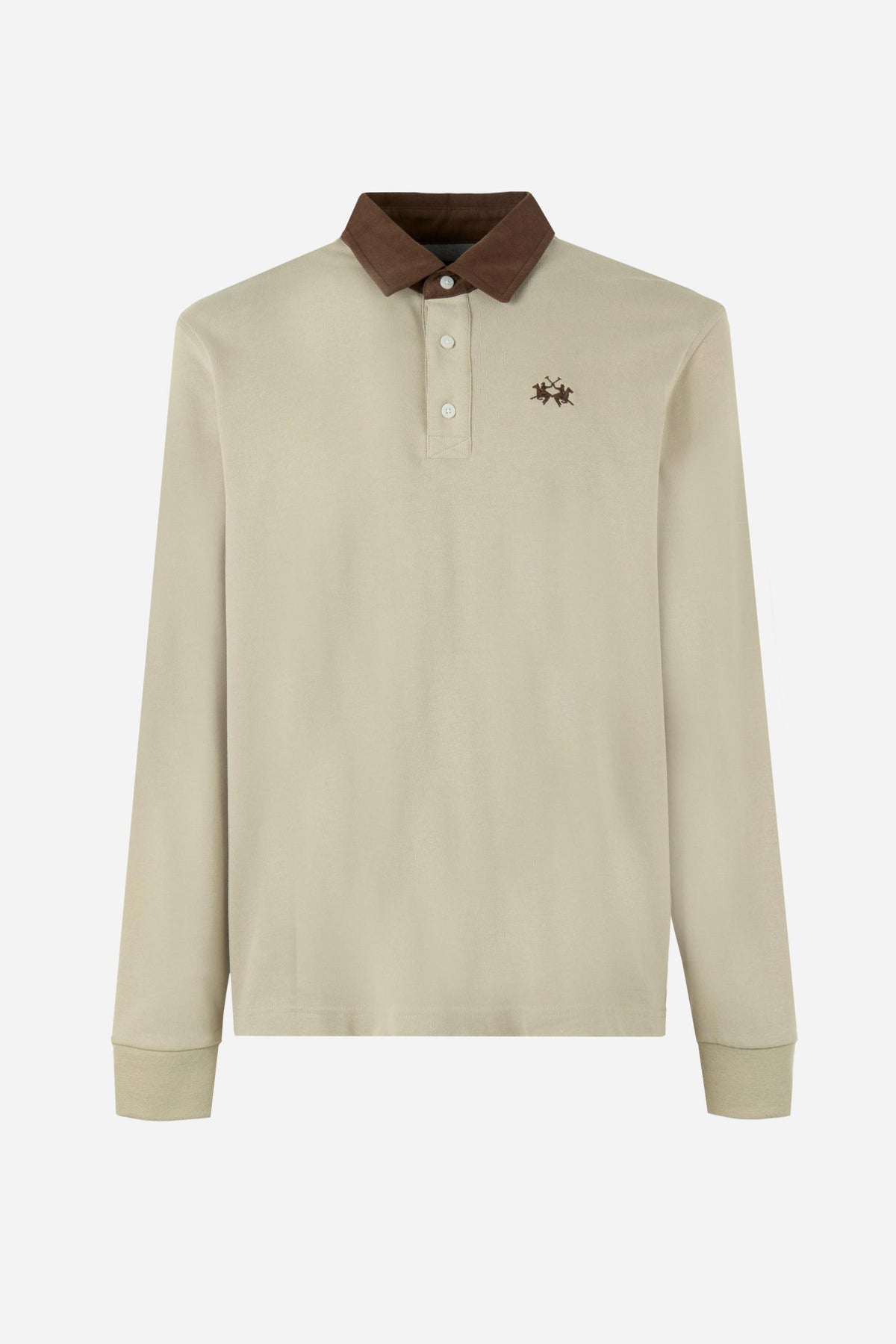 Men's long-sleeve polo made from heavy cotton jersey with ribbed cuffs, contrasting gabardine collar, embroidered logo, and a comfortable regular fit. - Vintage Khaki