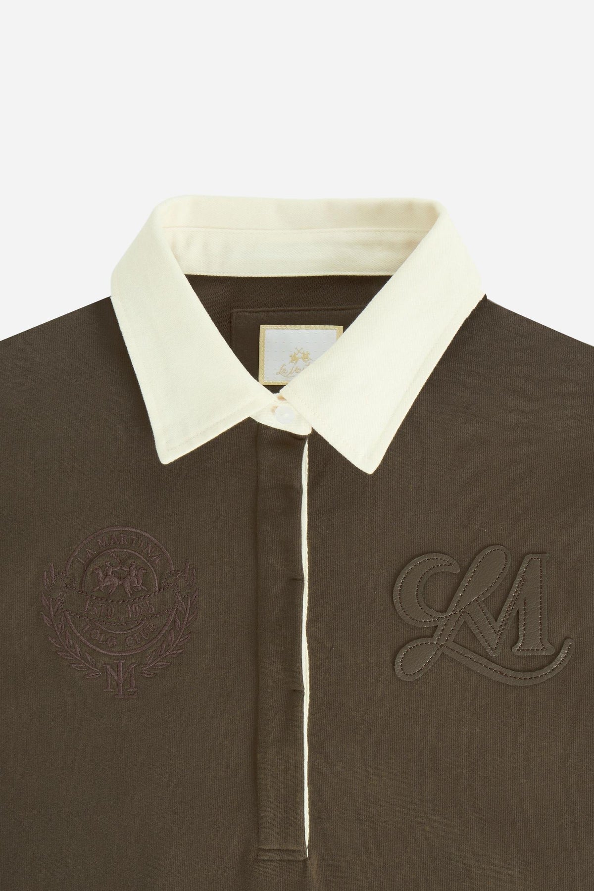 Women's long-sleeve polo in heavy-weight cotton jersey with a comfortable fit, straight cut, rugby collar, concealed front opening, embroidered crest, and LM patch. - Hot Fudge