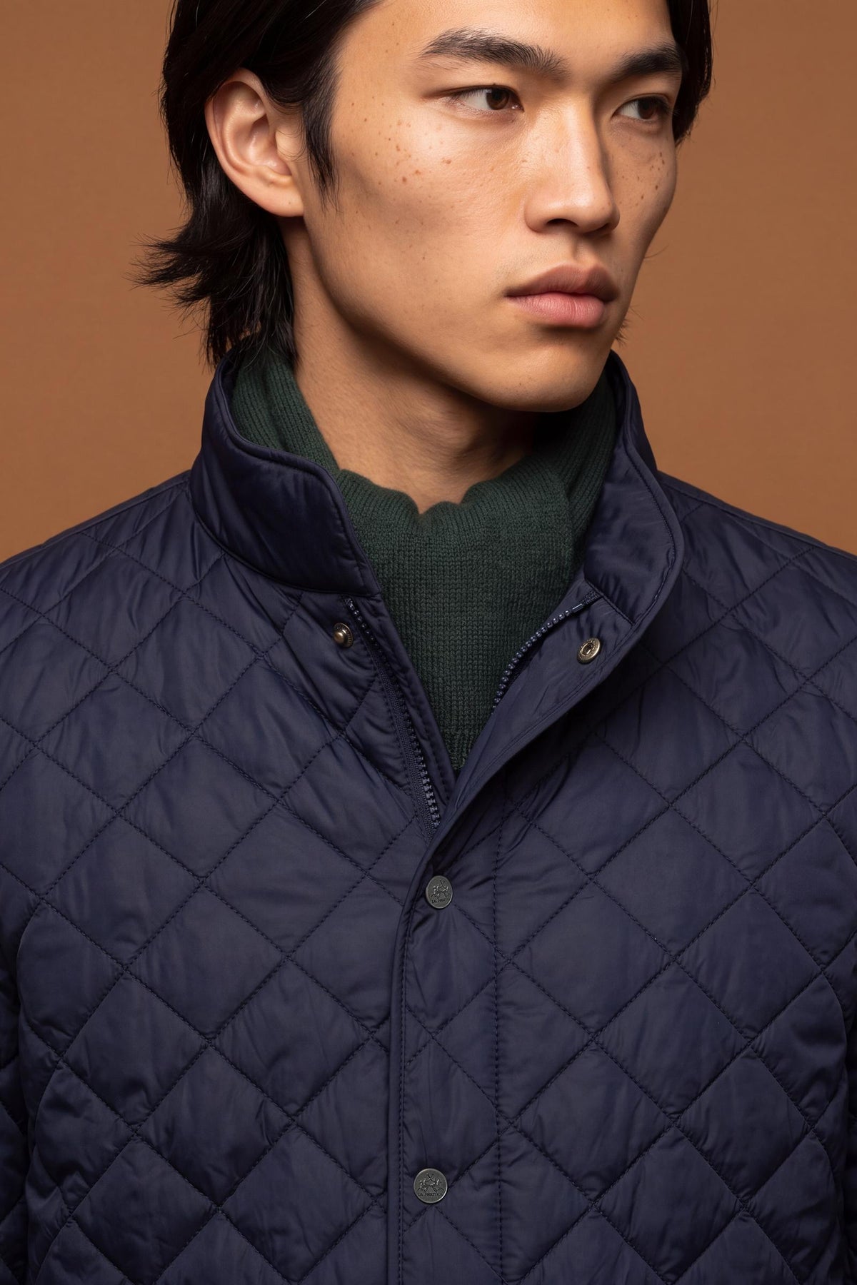 Men's quilted nylon jacket with polyamide lining and polyester padding for lightweight warmth, high collar, zip and snap closure, patch pockets, and a clean, regular fit. - Navy Blazer