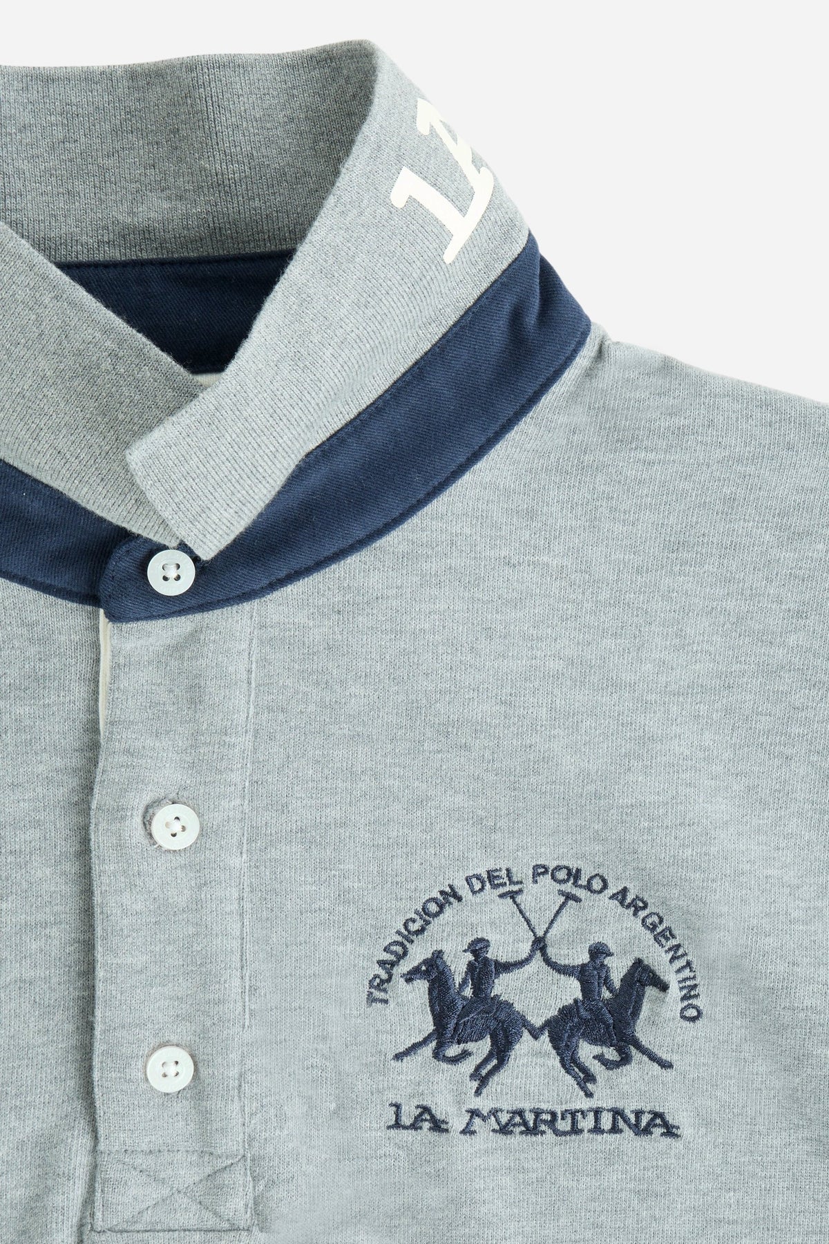 Men's long-sleeve polo in soft cotton jersey with contrasting gabardine collar, ribbed details, multicolor striped placket, and embroidered team logo for comfor - Medium Heather Grey
