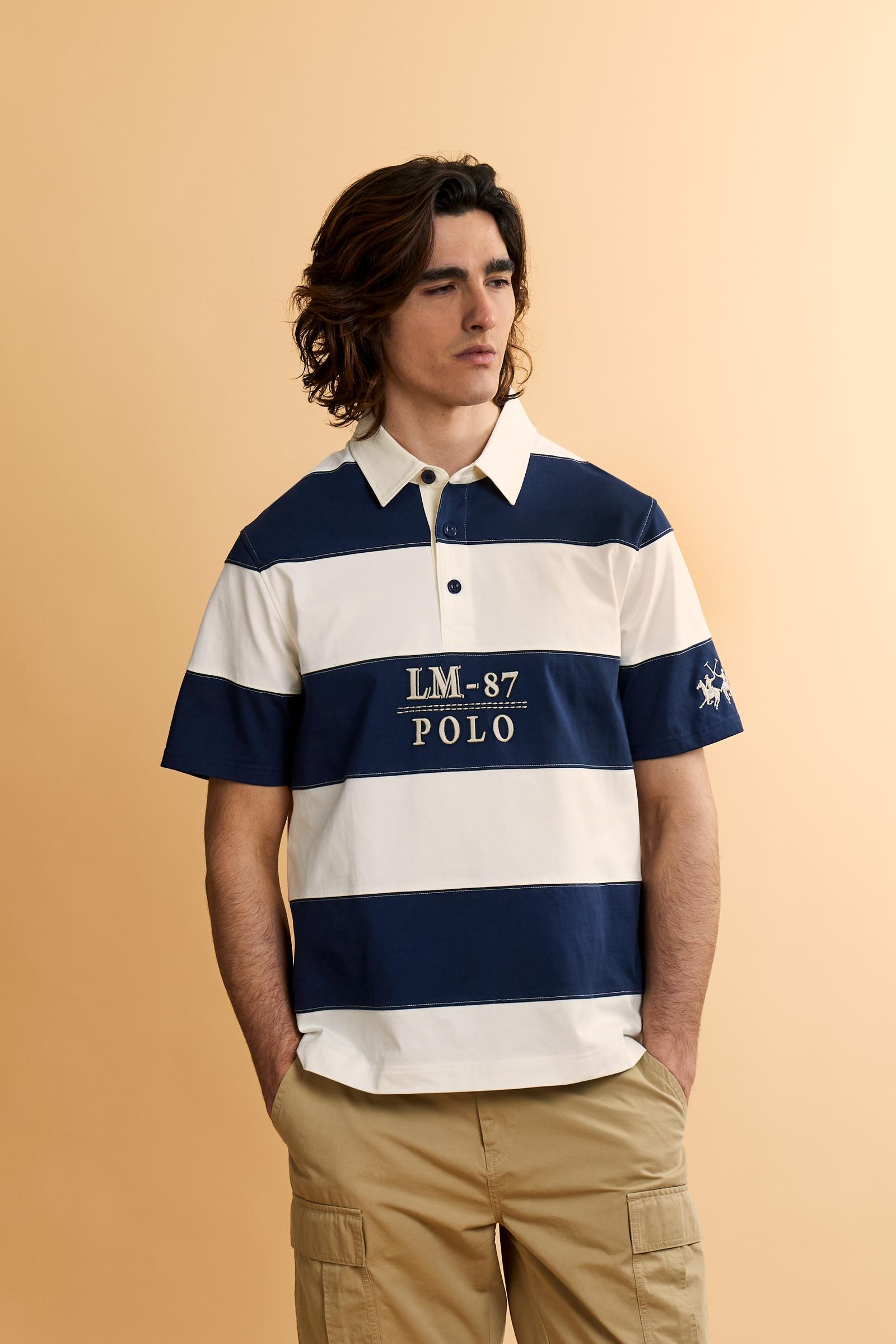 Men’s rugby polo in heavy cotton jersey with striped design and contemporary fit. Heritage embroidery on chest and sleeves. - Off White/Navy                                                                                                                                                                                                                                                                                                                                                                                    