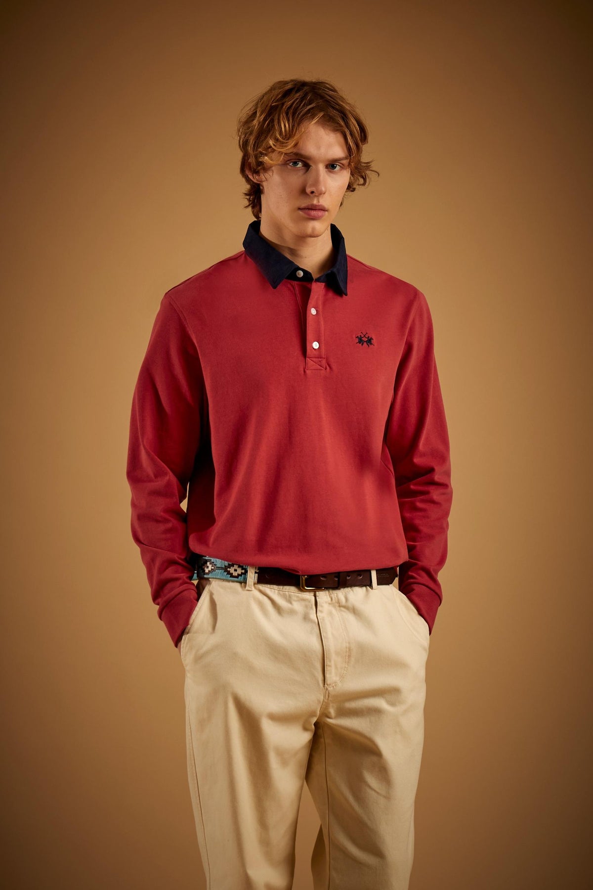 Men's long-sleeve polo shirt in heavy cotton jersey with contrast collar - Duke