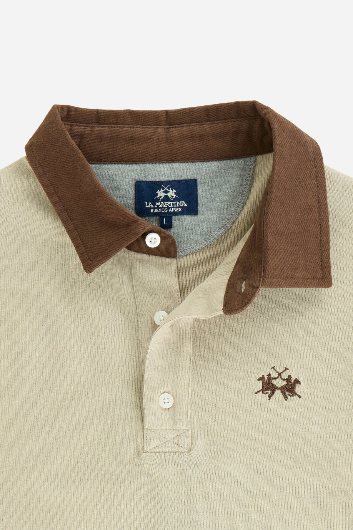 Men's long-sleeve polo made from heavy cotton jersey with ribbed cuffs, contrasting gabardine collar, embroidered logo, and a comfortable regular fit. - Vintage Khaki