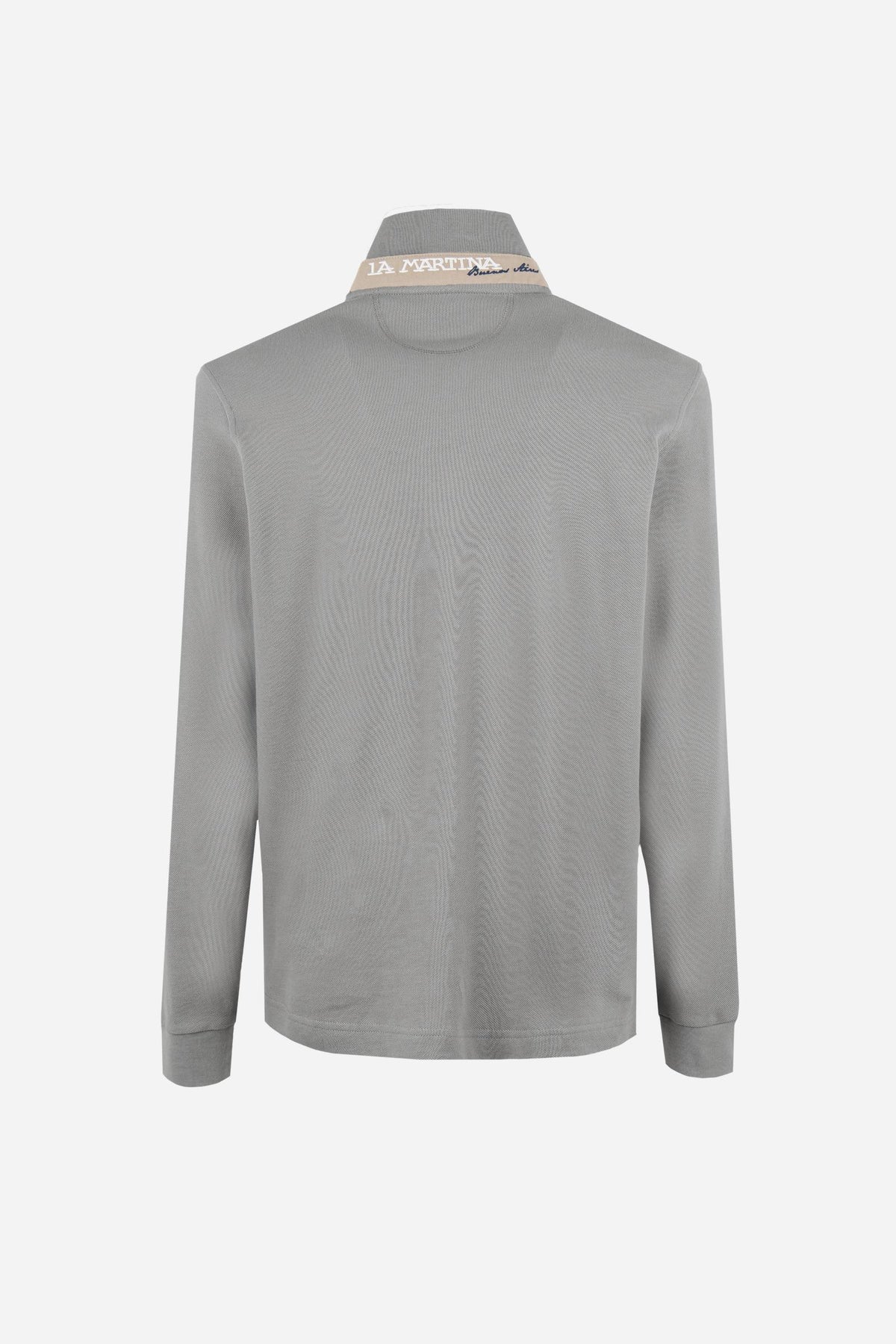 Men’s long-sleeve polo in stretch cotton piqué offers comfort, flexibility, a ribbed collar with contrasting gabardine detail, slim fit, and embroidered logo - Medium Heather Grey
