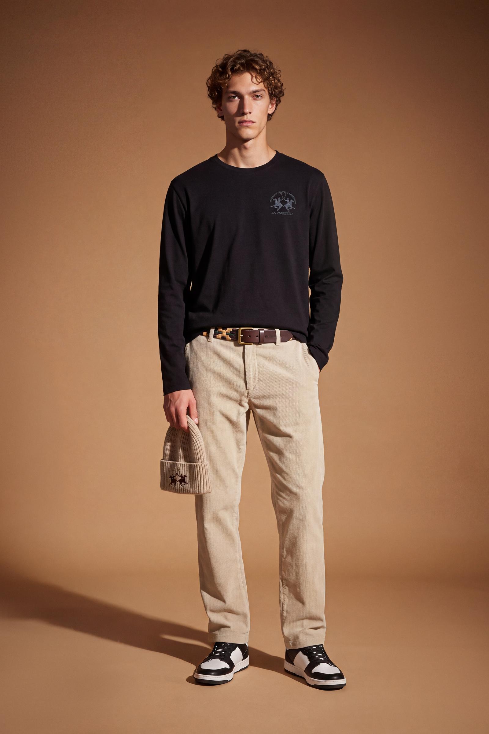 Long-sleeve 100% cotton jersey T-shirt with ribbed crew neck and cuffs, featuring a contrasting embroidered team logo. Regular fit for all-day comfort. - Black