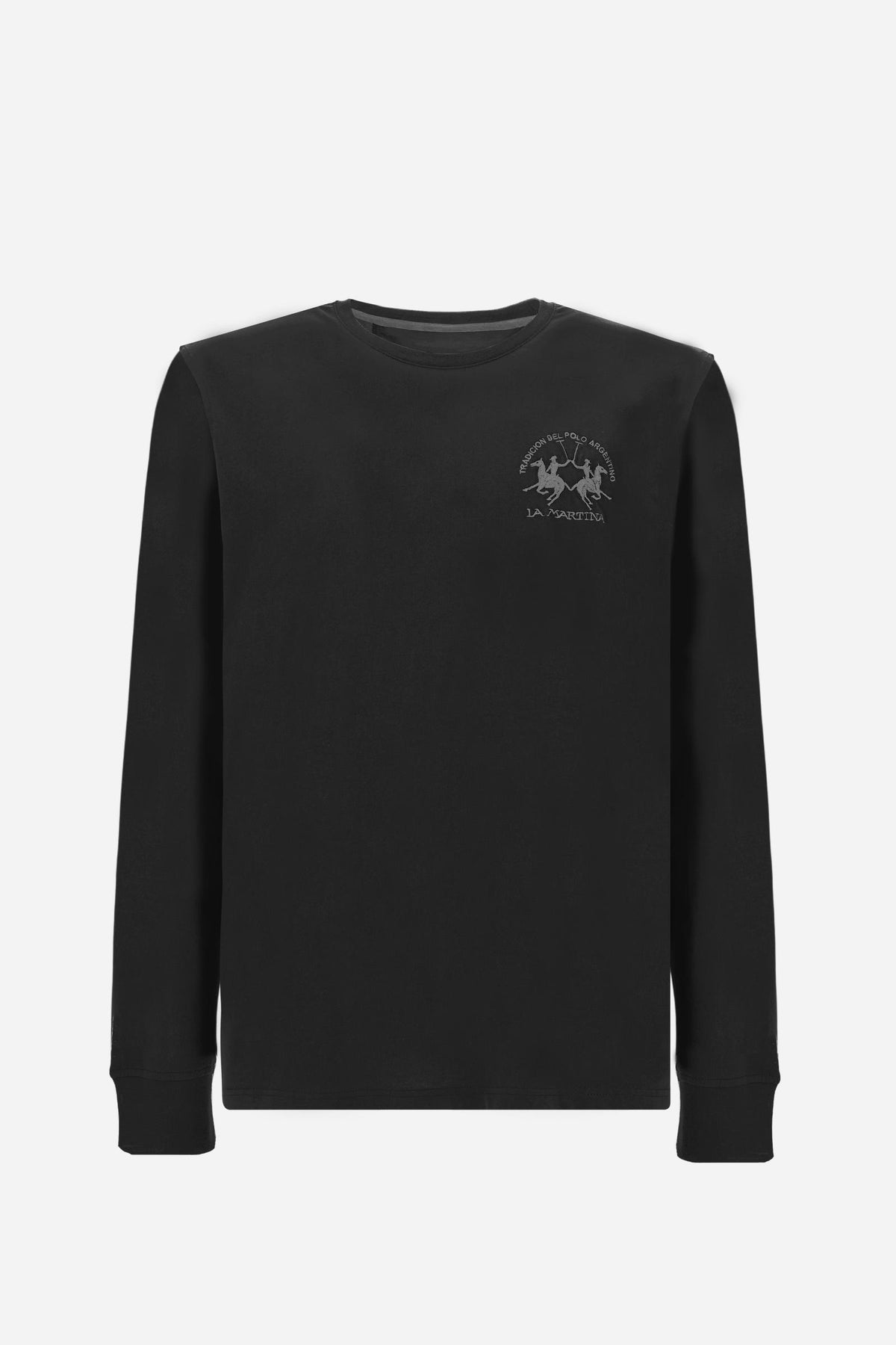 Long-sleeve 100% cotton jersey T-shirt with ribbed crew neck and cuffs, featuring a contrasting embroidered team logo. Regular fit for all-day comfort. - Black